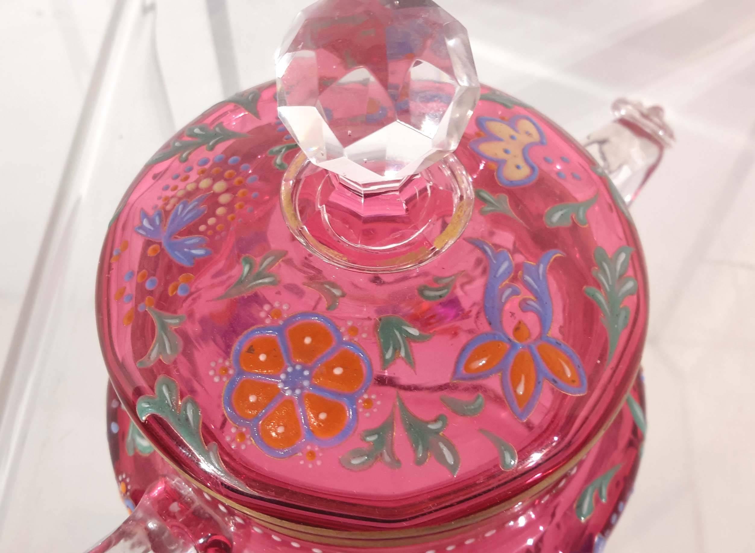 Moser Factory Enameled Cranberry Glass  Covered Jar, 19th Century In Good Condition For Sale In New York, NY