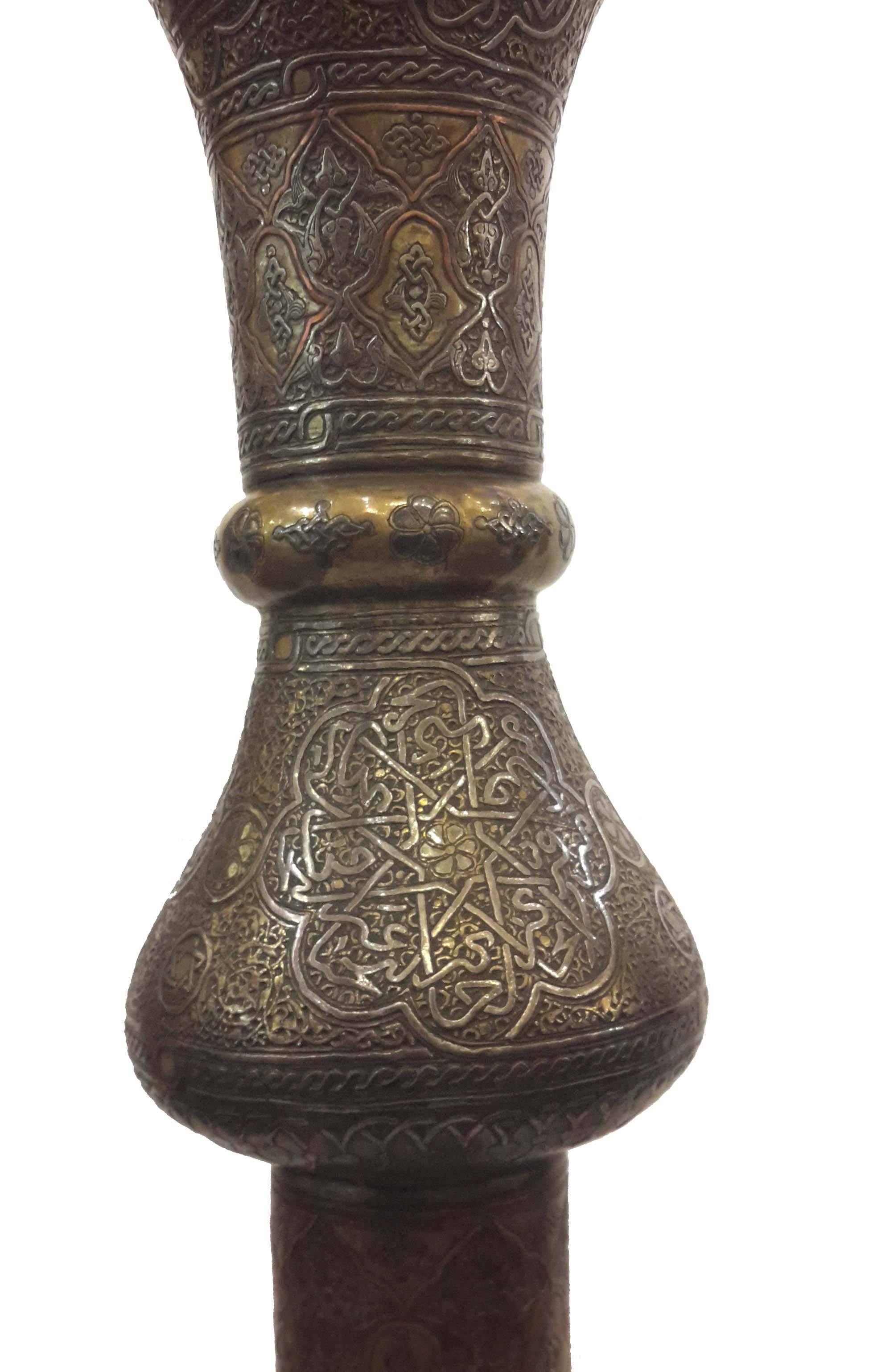 Syrian Superb Mamluk Style Silver Inlaid Mosque Candle Stand Damascus, circa 1890