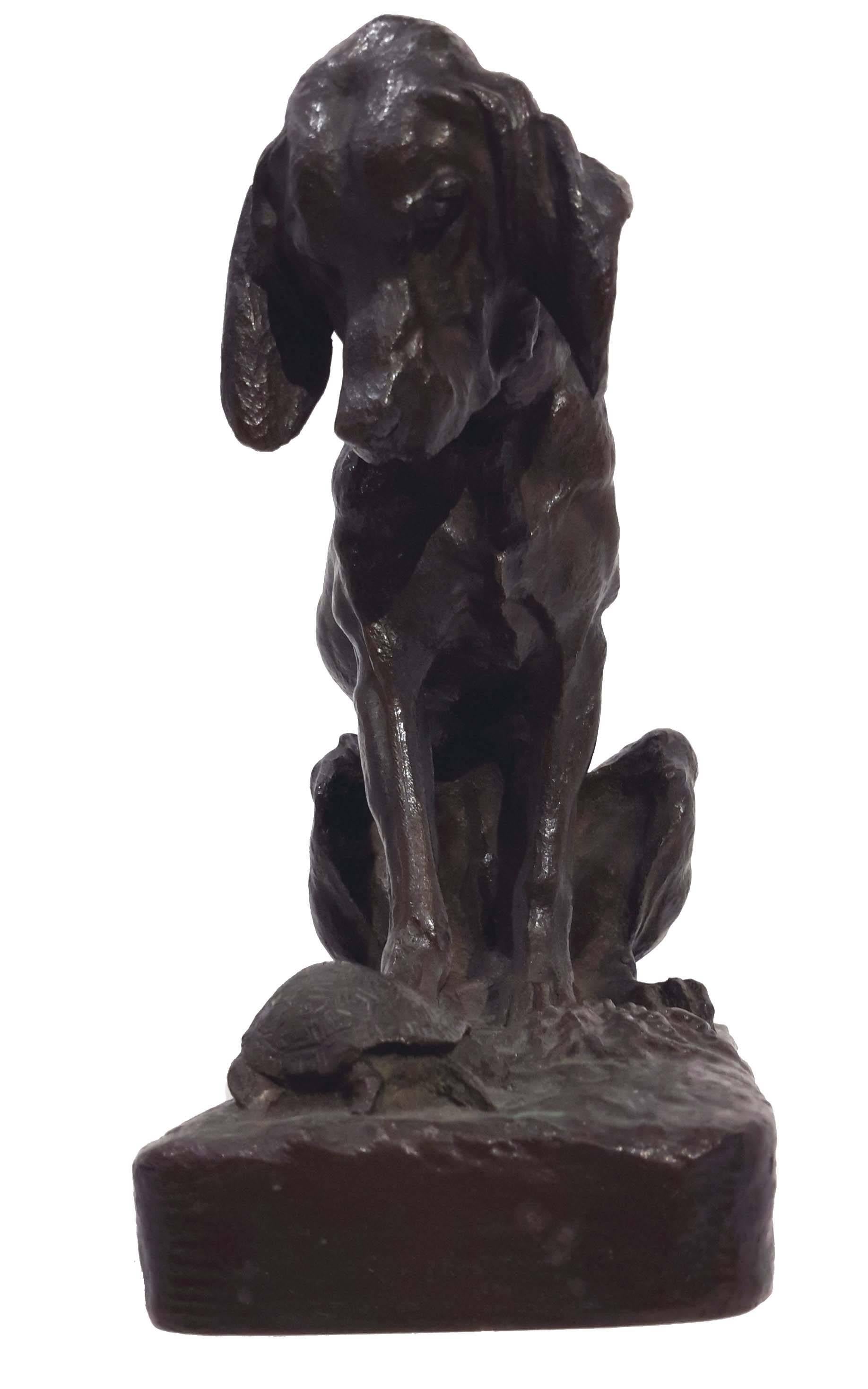 Late 19th Century Antoine Louis Barye, Bronze Sculpture of Hound Dog and Tortoise, 19th Century