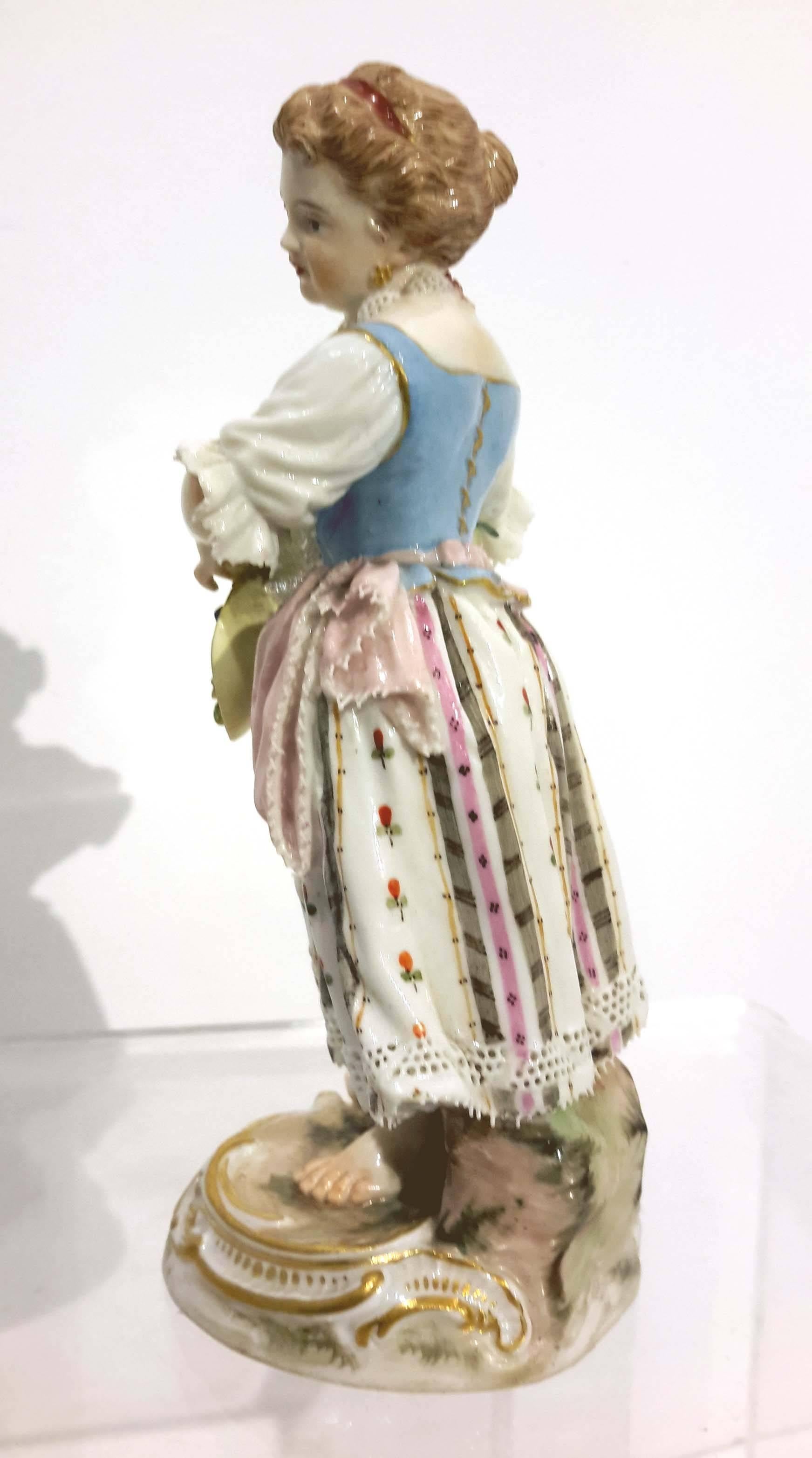 German Meissen Porcelain Figure of Girl with Flowers, 19th Century