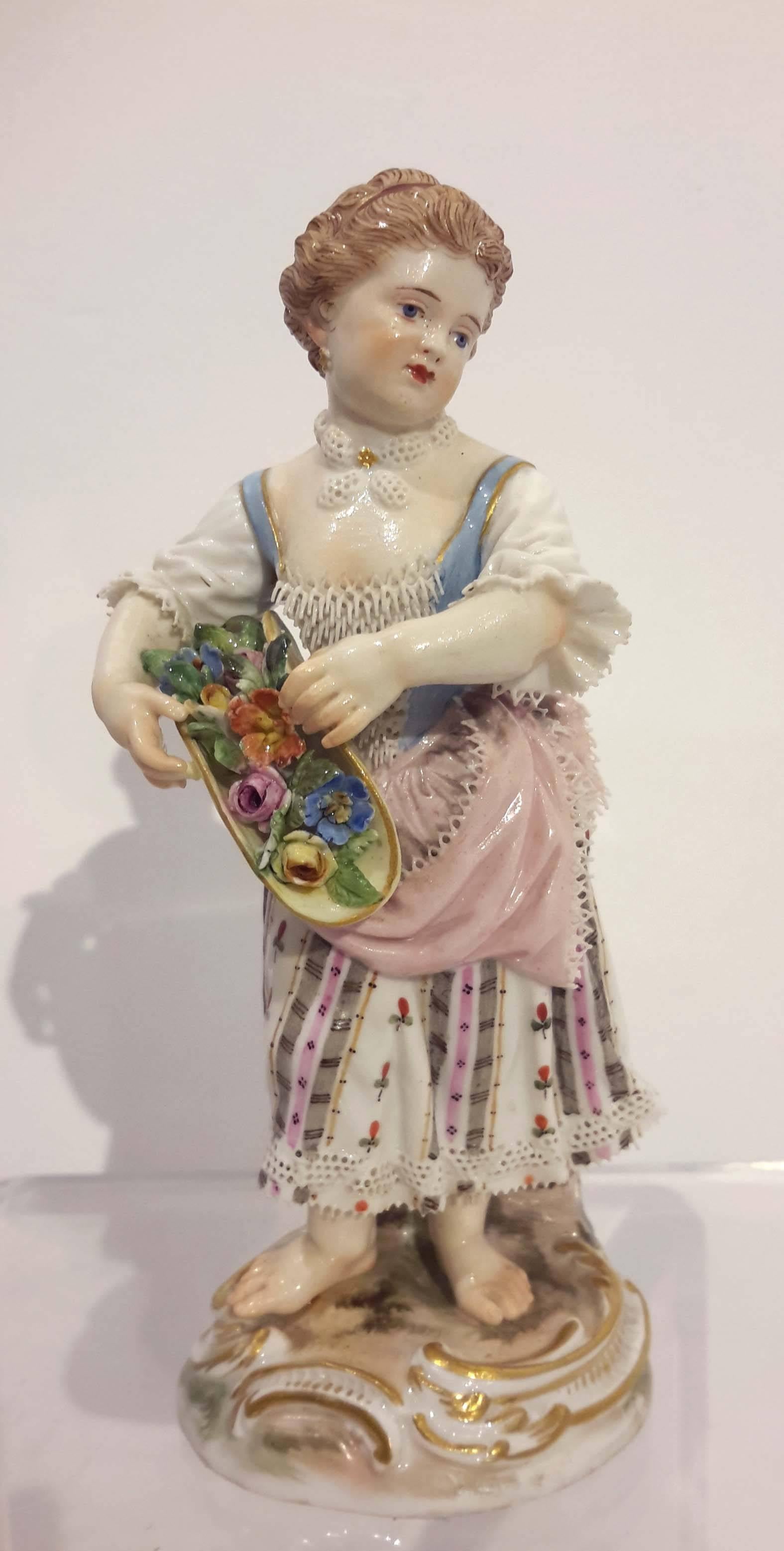 Early Victorian Meissen Porcelain Figure of Girl with Flowers, 19th Century