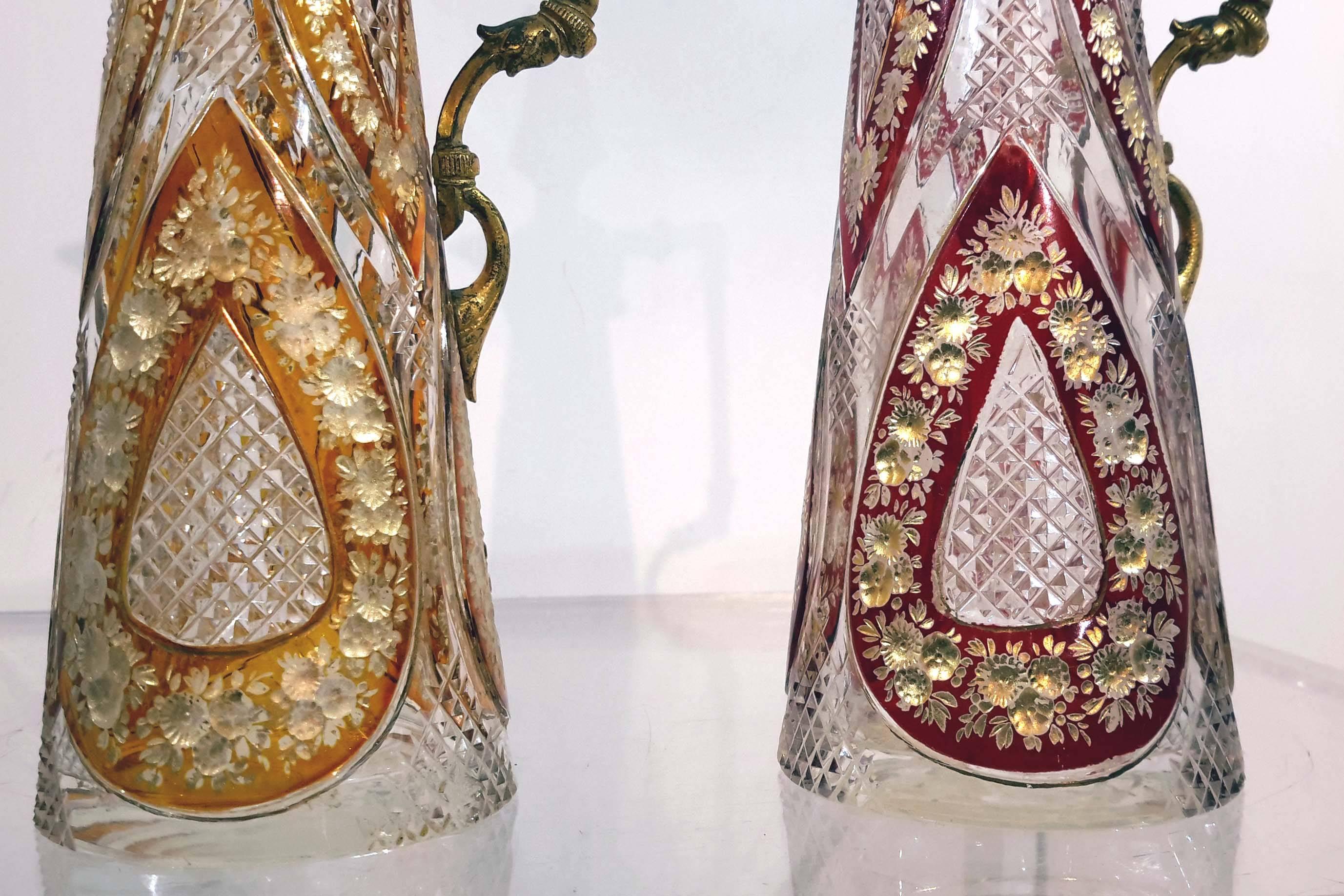 Pair of Gilt Bronze Mounted Cut Glass Ewers, 19th Century 1