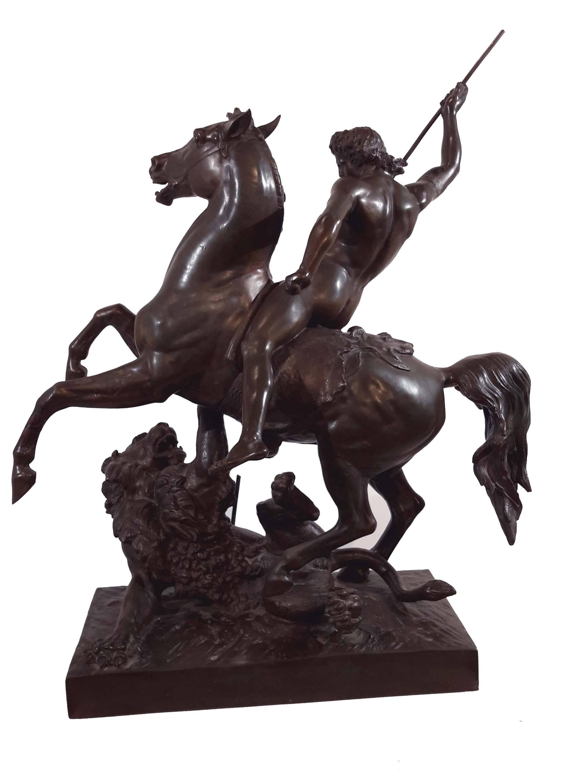 Wonderful details of Roman figure on horseback killing a lion.