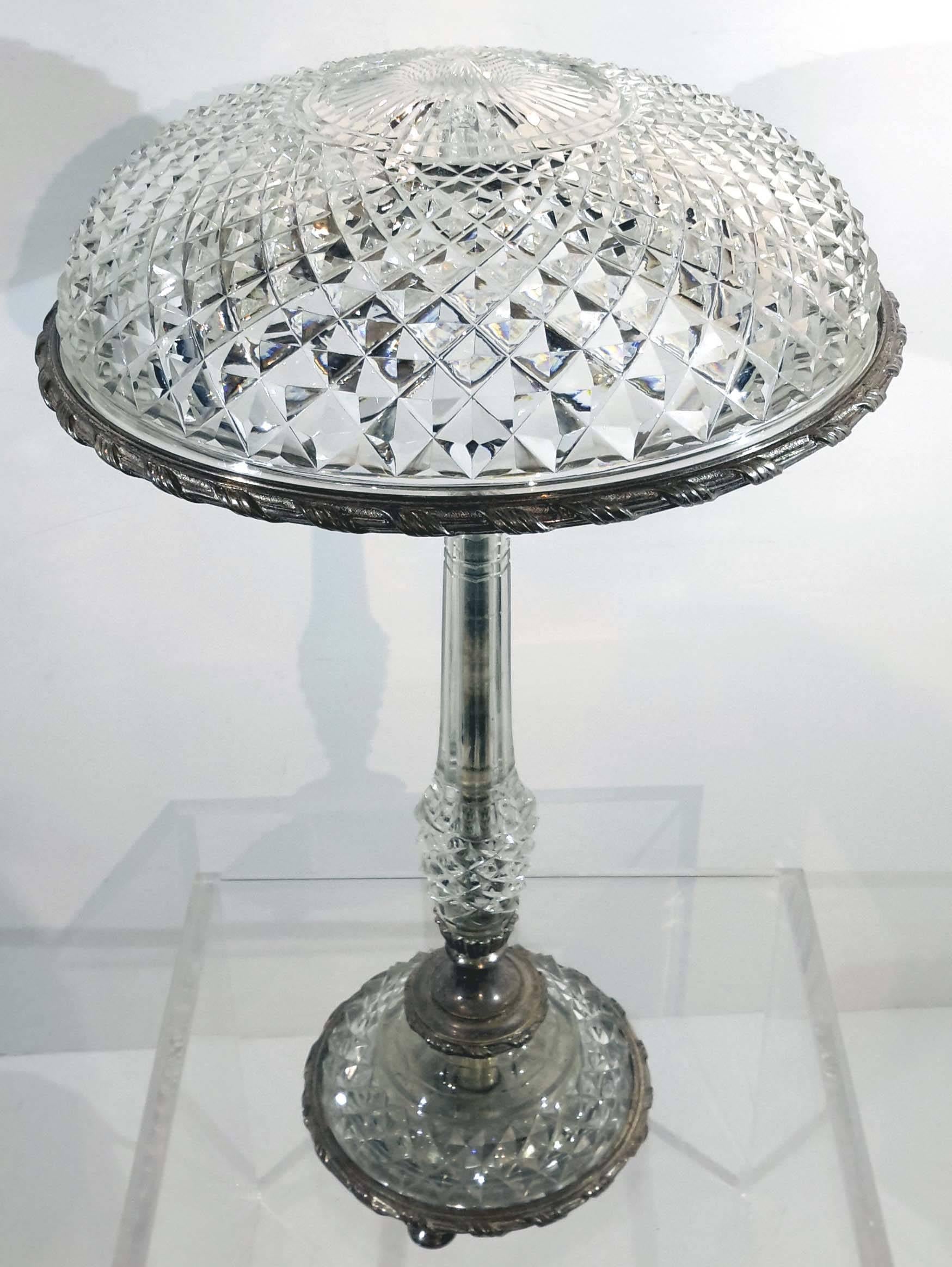 Great quality cut crystal and good cast and silver plated bronze.
Possibly French.