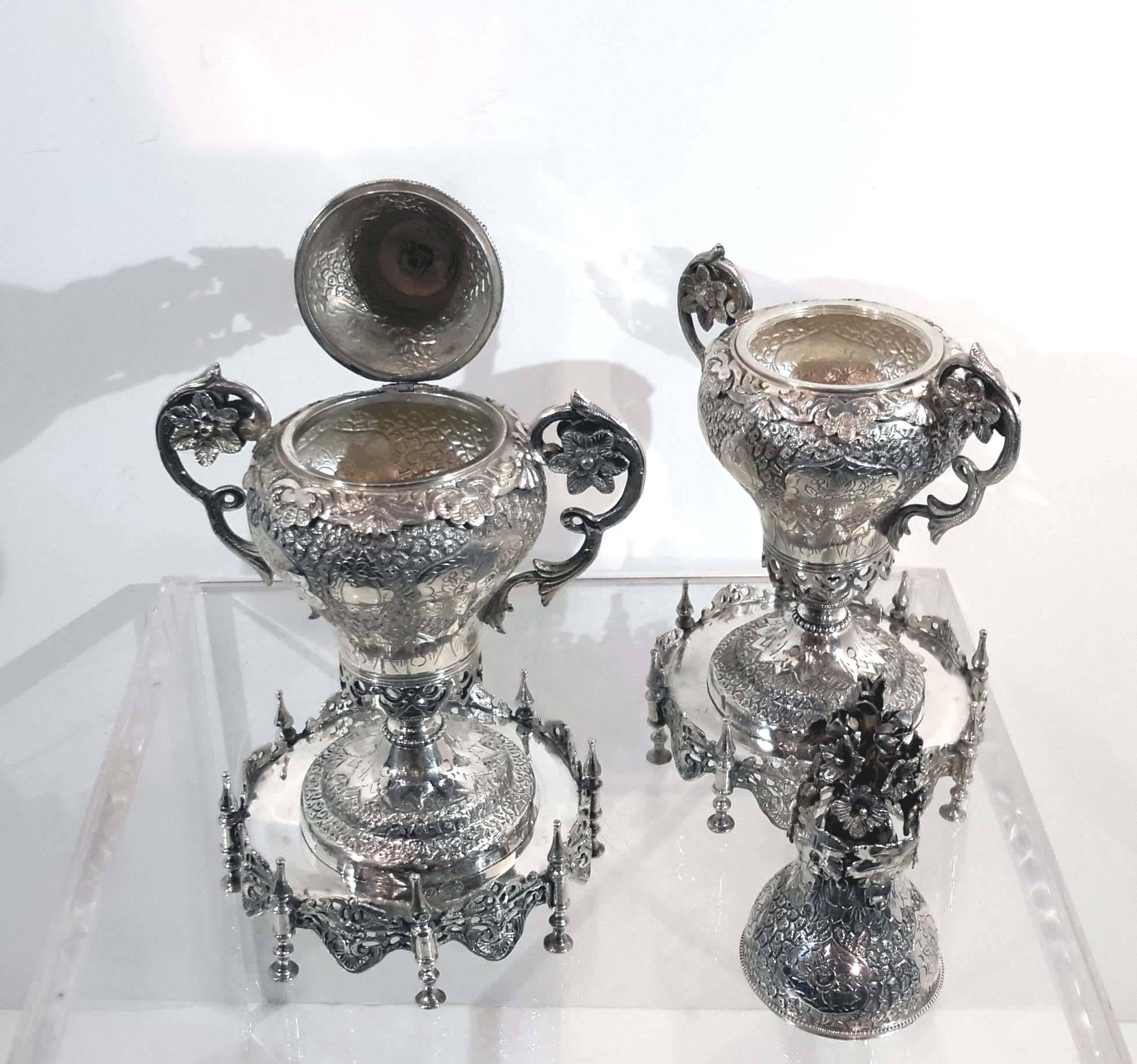 Islamic Pair of Ottoman Silver Spice & Rosewater Containers, Turkey, 19th Century
