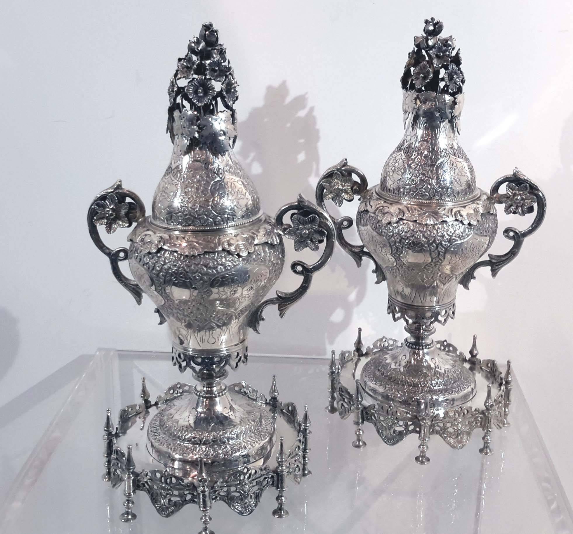 Pair of Ottoman Silver Spice & Rosewater Containers, Turkey, 19th Century 1
