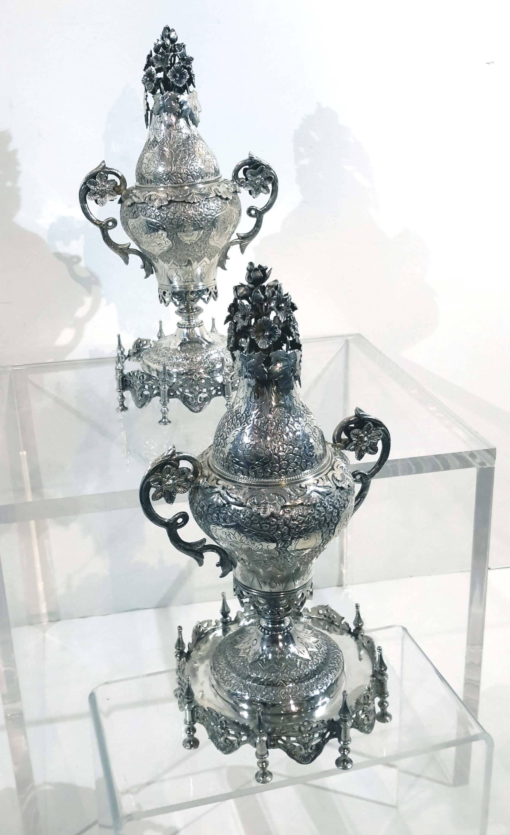 Pair of Ottoman Silver Spice & Rosewater Containers, Turkey, 19th Century 3