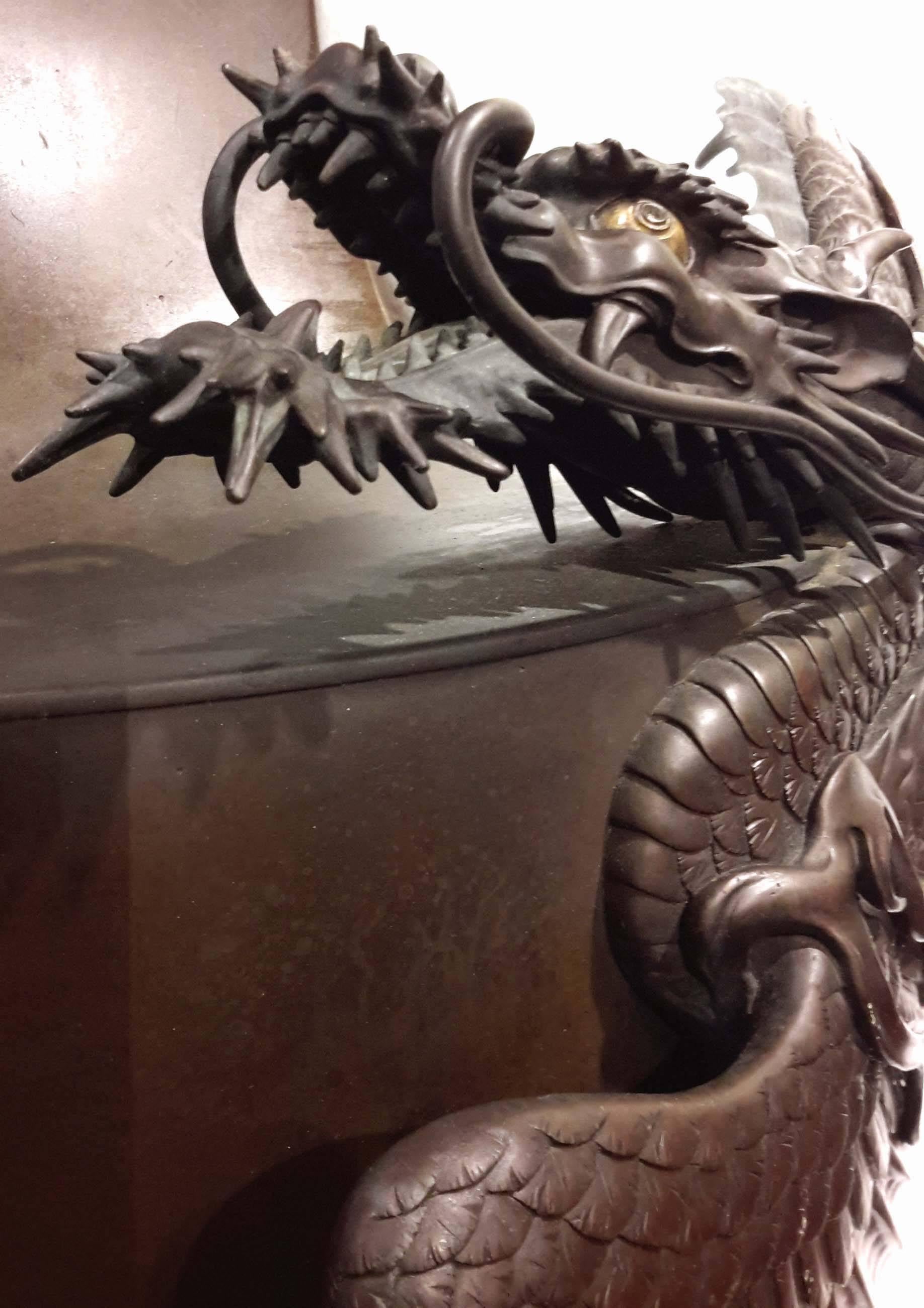 Monumental Meiji Period Japanese Bronze Winged Dragon Vase For Sale 1