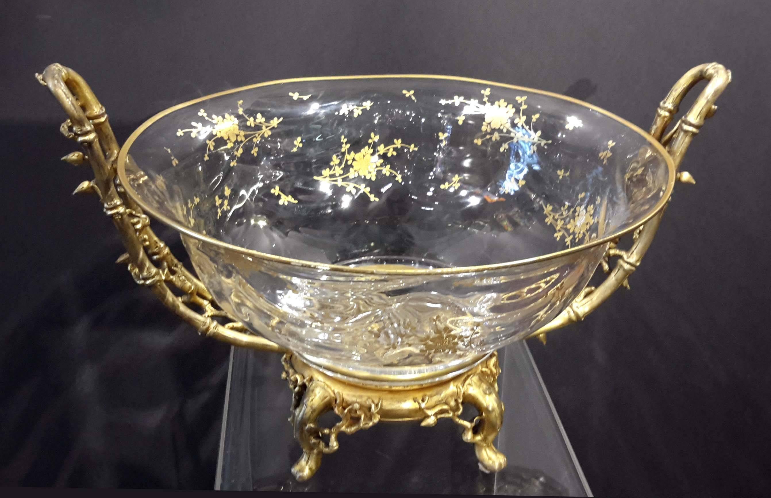 Great quality cast and gilt bronze in bamboo form, holding a large gilt crystal bowl. Attributed to Cristalleries De' Baccarat, circa 1890.