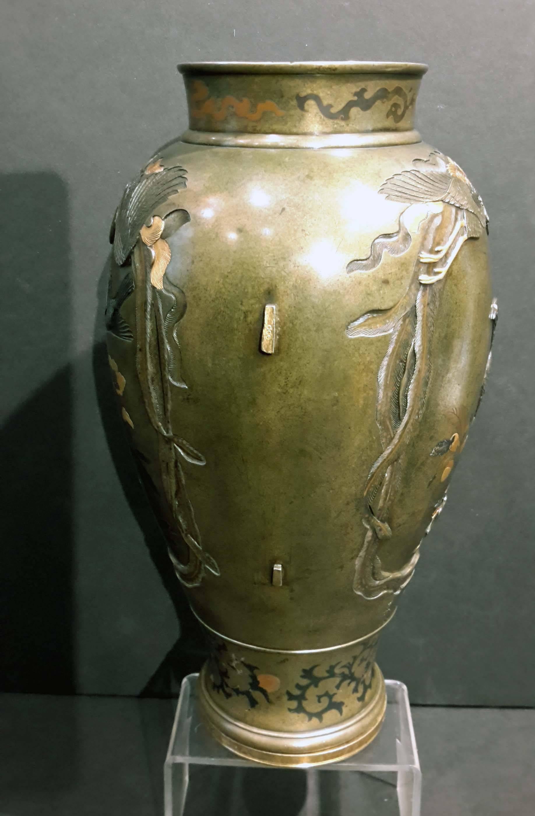 Japanese Meiji Period Mixed Metal Bronze Vase, 19th Century In Good Condition In New York, NY