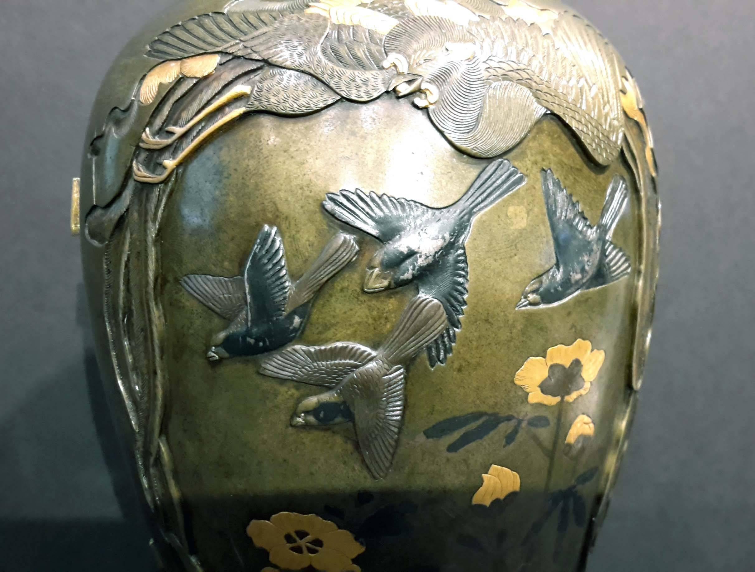 Japanese Meiji Period Mixed Metal Bronze Vase, 19th Century 2
