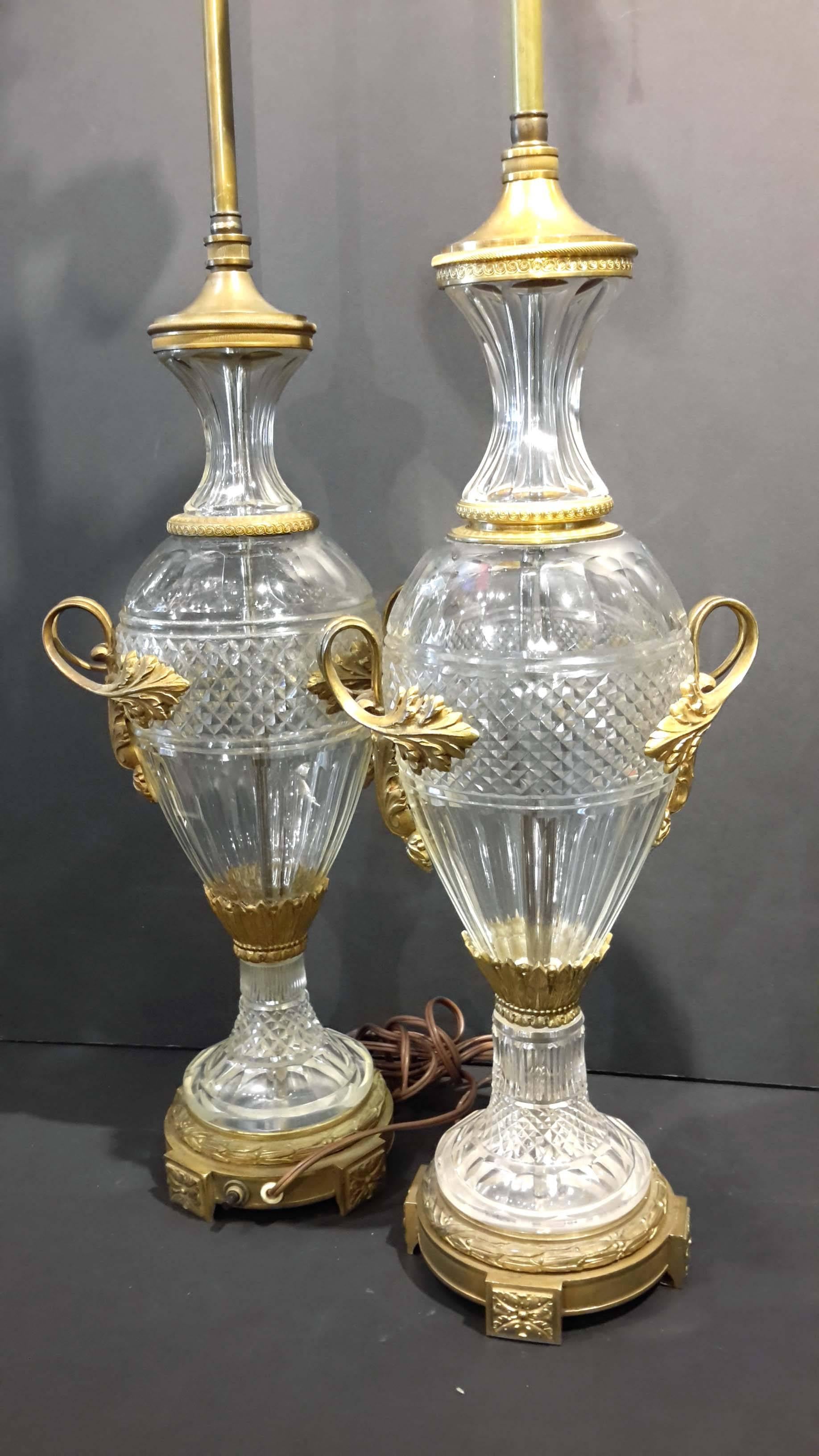 Early 20th Century Two French Bronze and Crystal Lamps, circa 1900