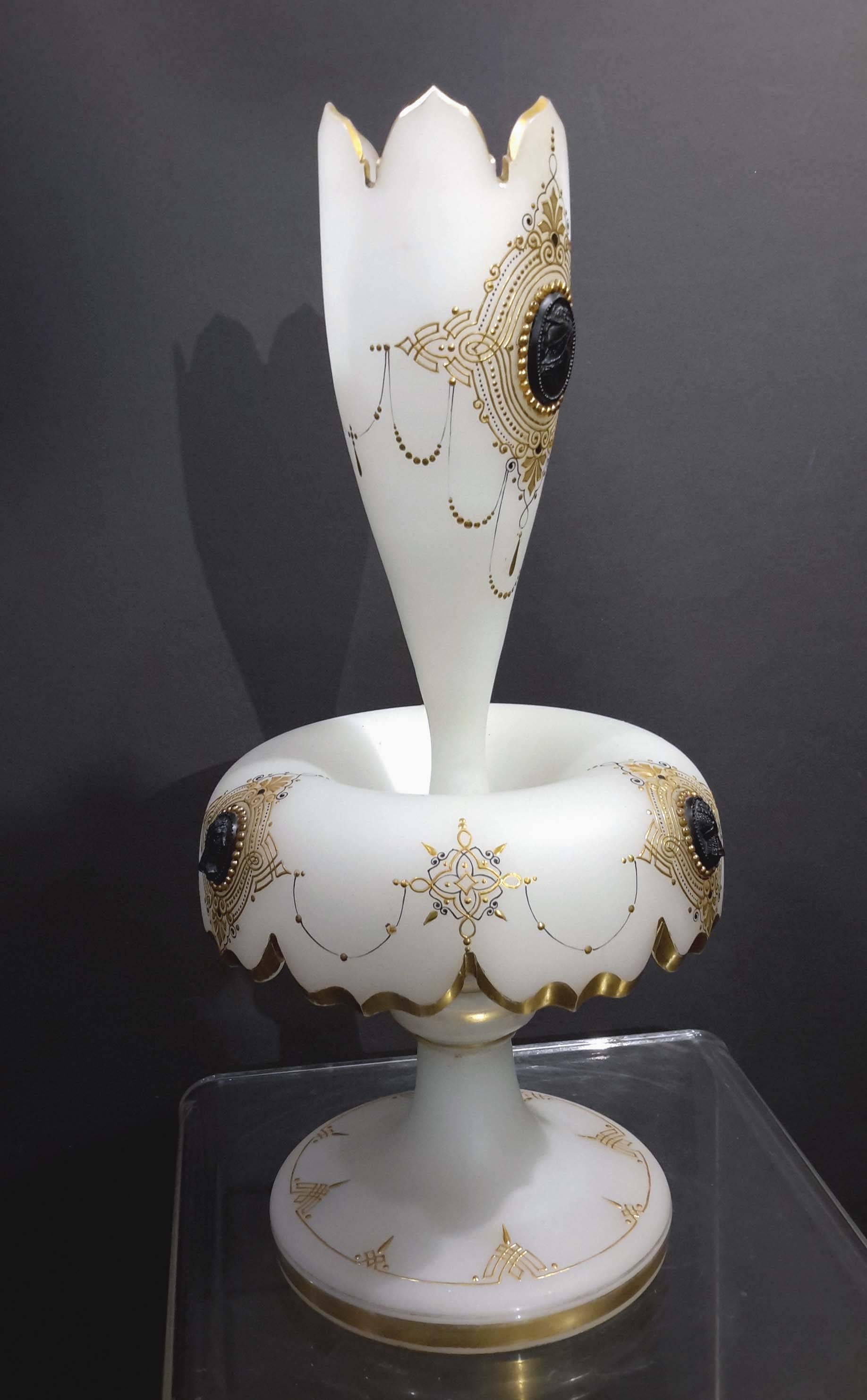 Great quality blown and cut opaline glass with raised gilding and applied glass cameos.
This item was drilled as a lamp base and has a hole in the centre, otherwise on good condition.
  