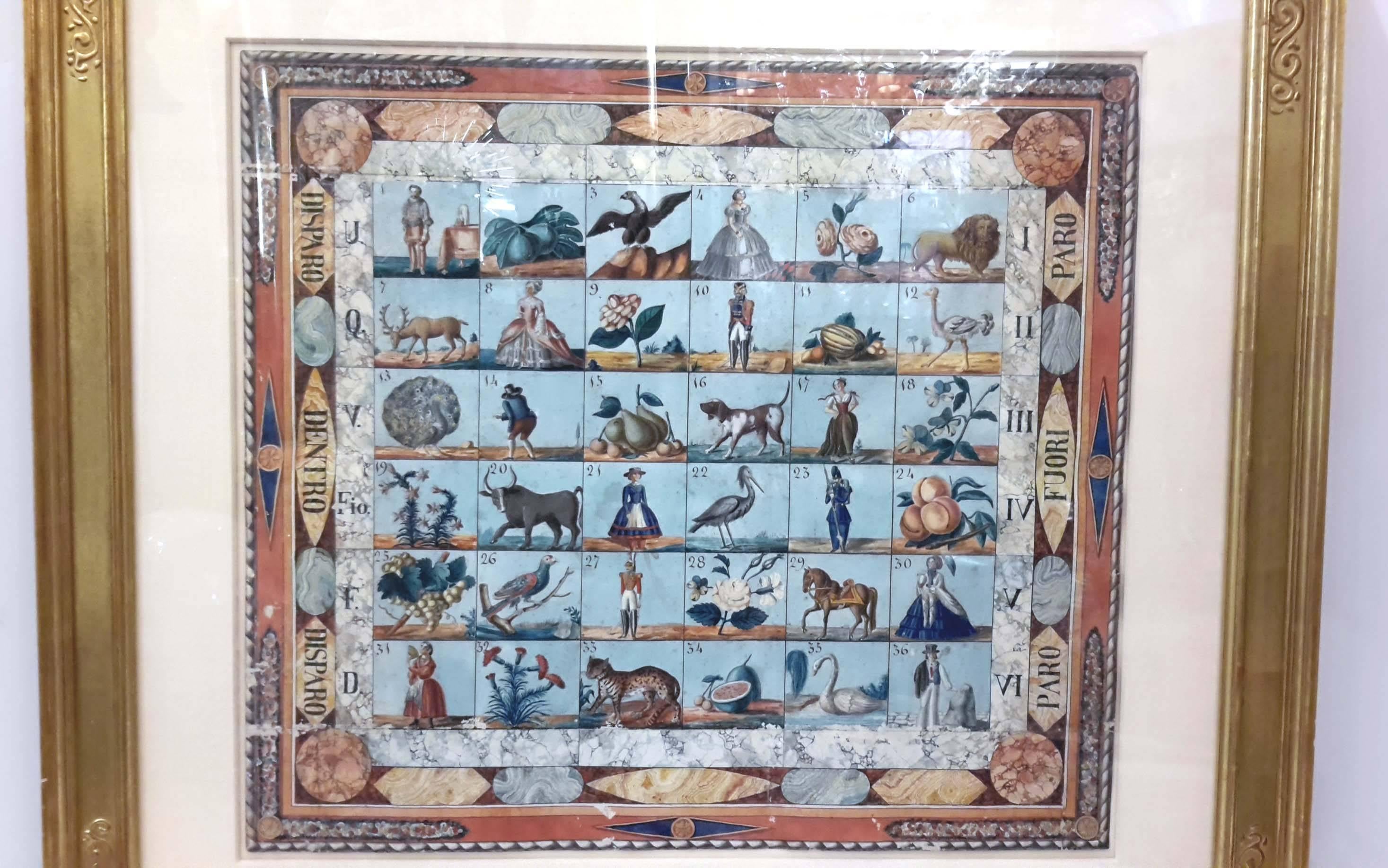 This is an early 19th century hand-painted traveling game board water color of an Italian game called Gioco Reale or Royal Game. It was a game played very much like Roulette, except that it used dice. It was played in casinos in Italy as early as