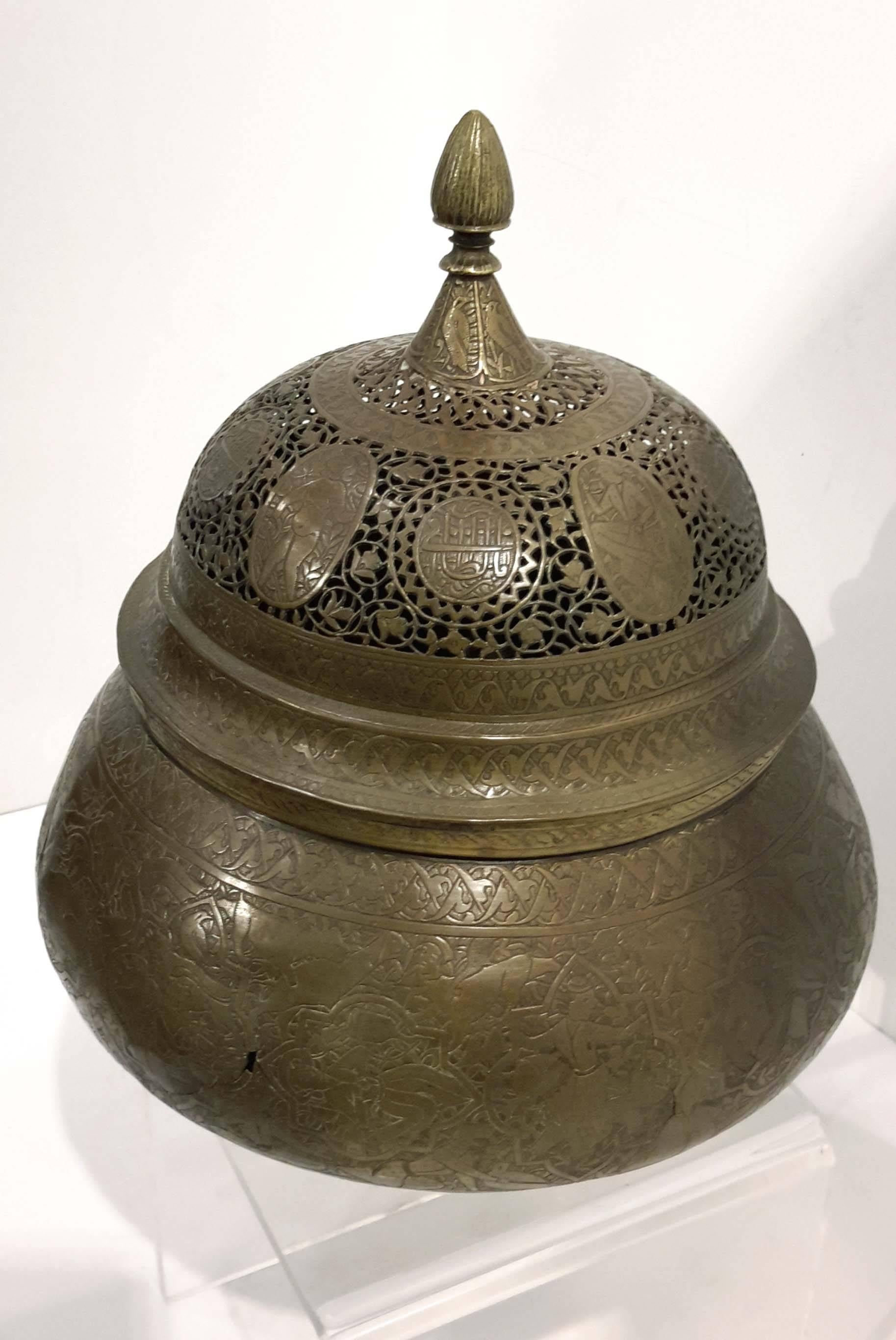 Islamic Qajar Openwork Brass Incense Burner & Cover, 19th Century For Sale