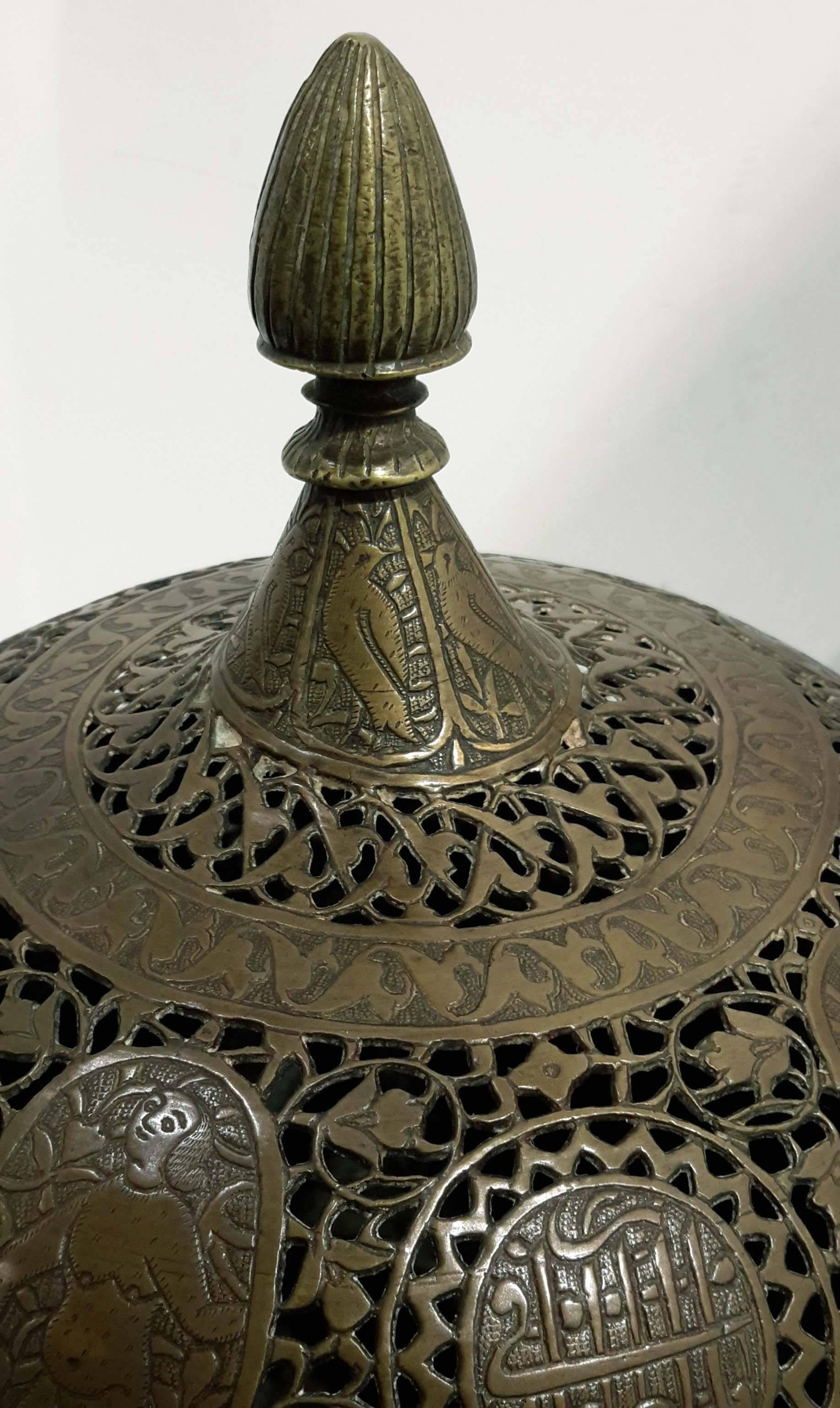 Qajar Openwork Brass Incense Burner & Cover, 19th Century In Fair Condition For Sale In New York, NY