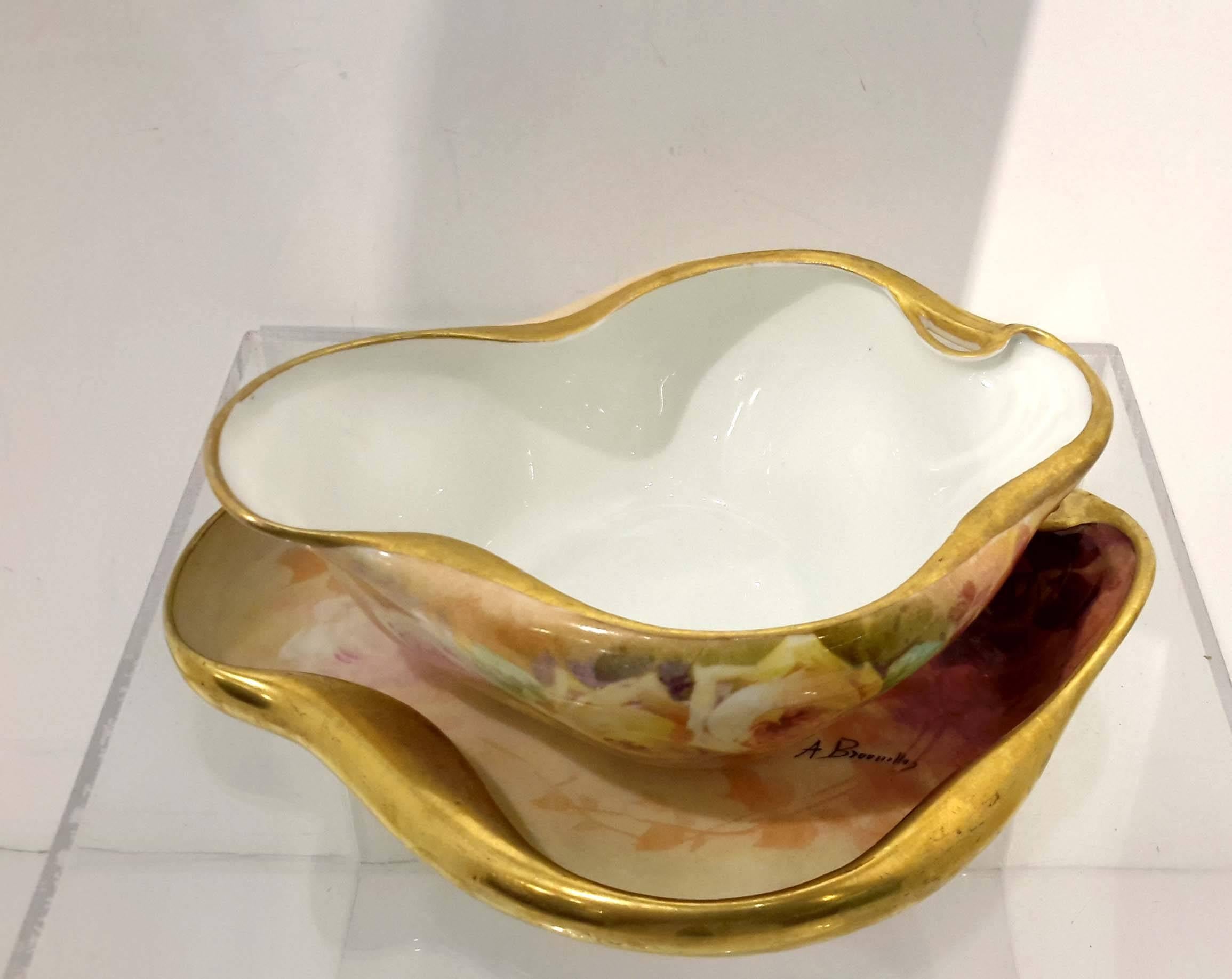 Hand-painted French porcelain signed by artist: A. Bronssillon.
Finger bowl with under plate.
Bowl: High 2 inches, wide 5 3/4 inches, deep 4 1/2 inches
Saucer: High 3/4 inch, wide 6 7/8 inches, deep 5 1/2 inches.