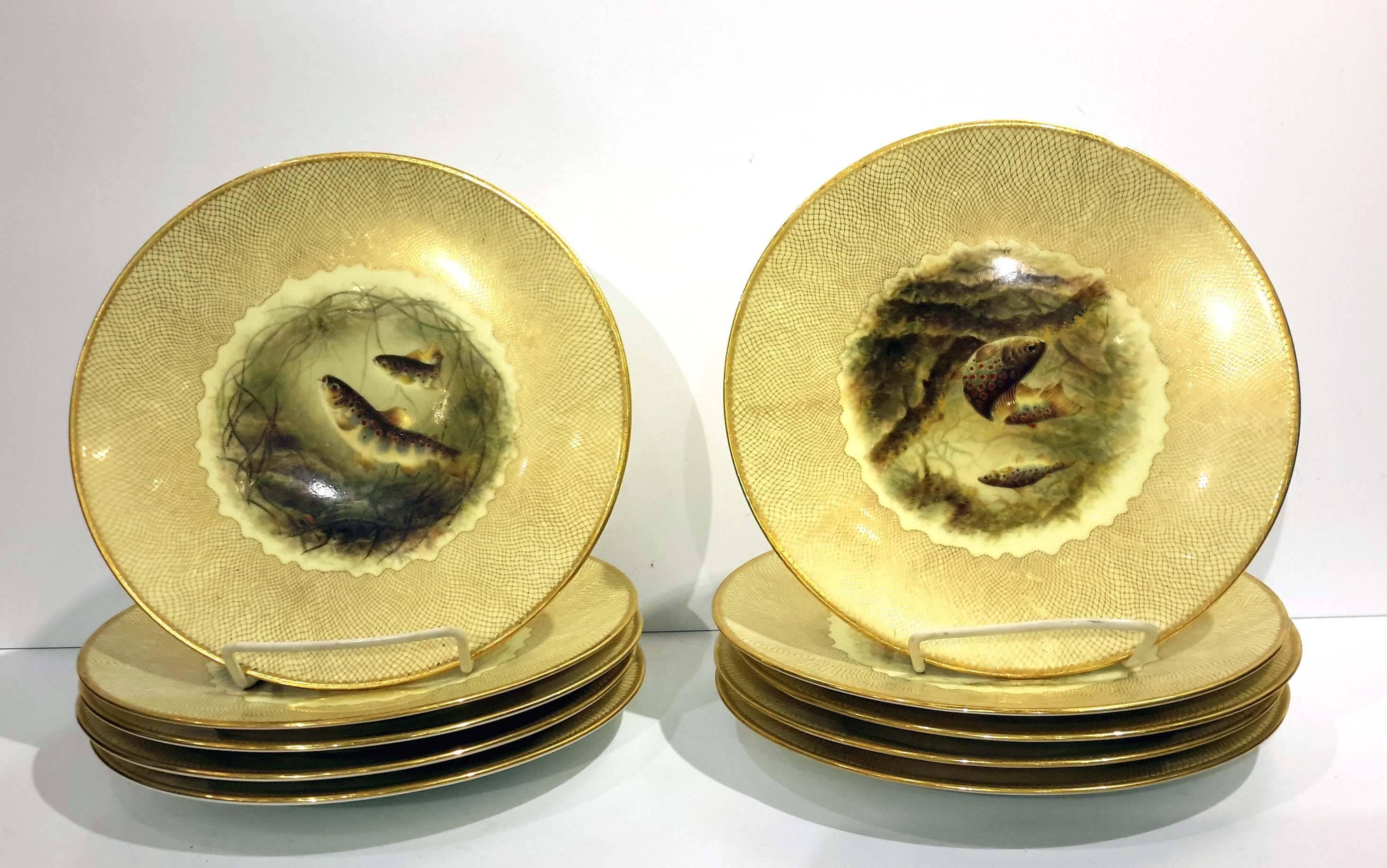 Late 19th Century Set of Ten Cauldon Porcelain Fish Plates, 19th Century For Sale