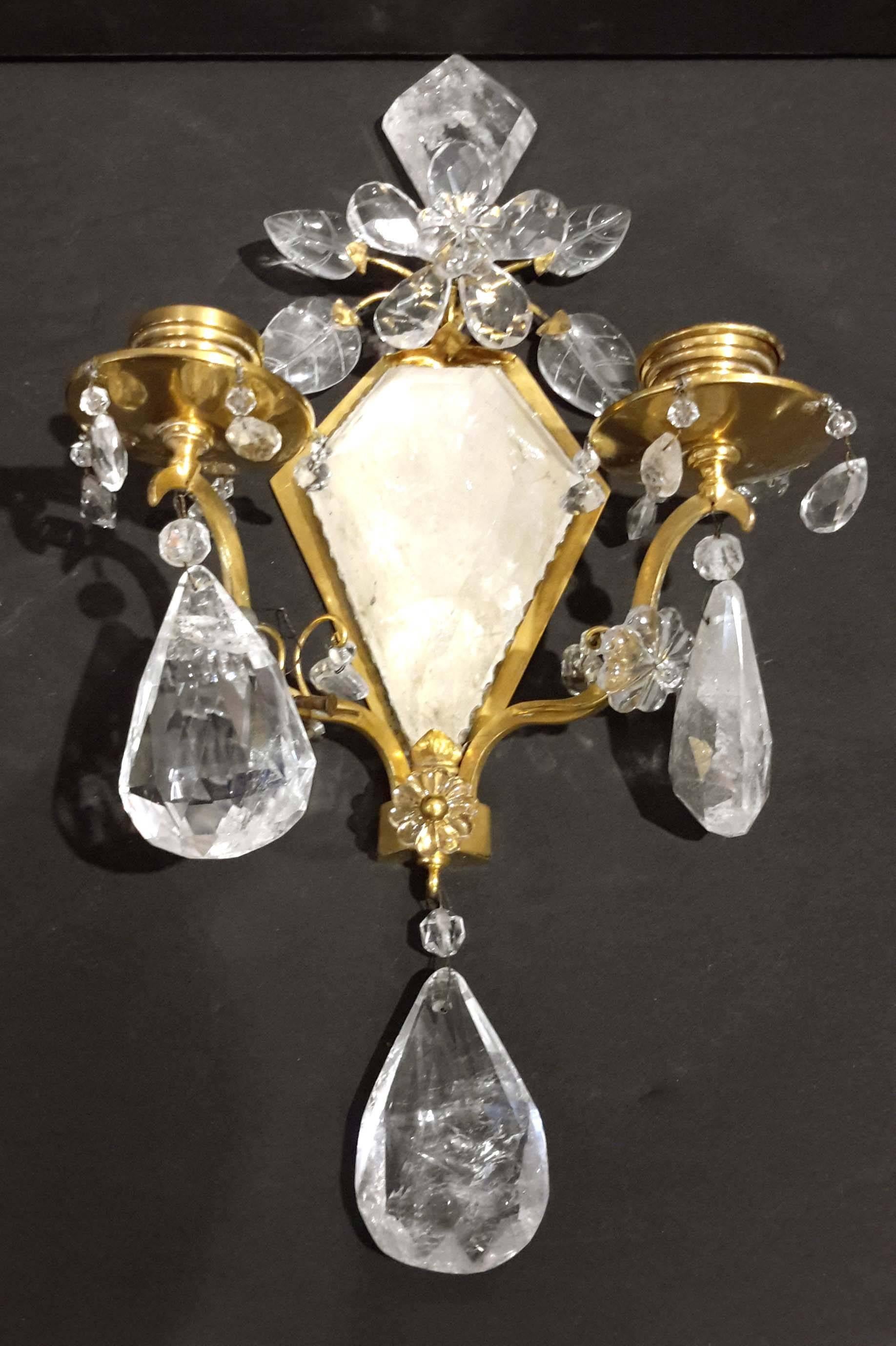 American Pair of Caldwell Rock Crystal and Gilt Bronze Sconces For Sale