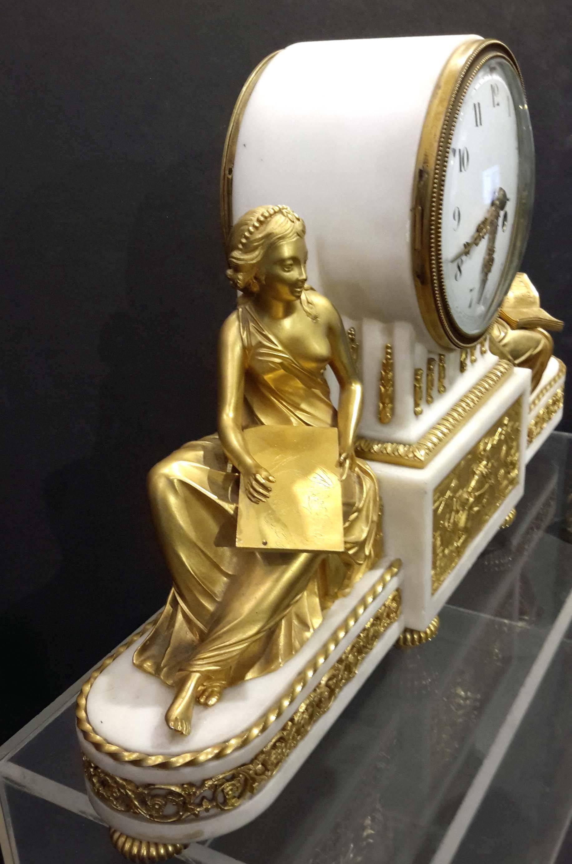Bronzes in style of François Rémond. Great quality French gilt bronze and Carrara marble mantel clock. White enamel dial. Movement is intact.
François Rémond (circa 1747-1812)
Along with Pierre Gouthière, he was one of the most important Parisian