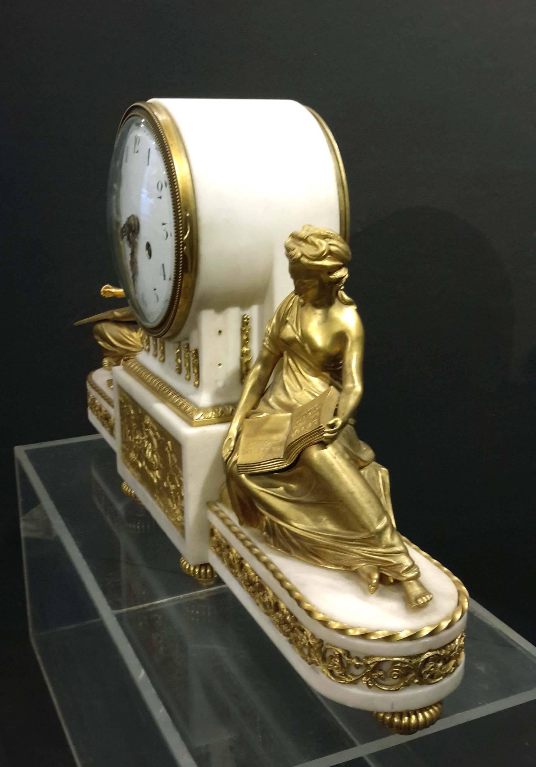 French Louis XVI Style Marble and Gilt Bronze Mantel Clock, 19th Century
