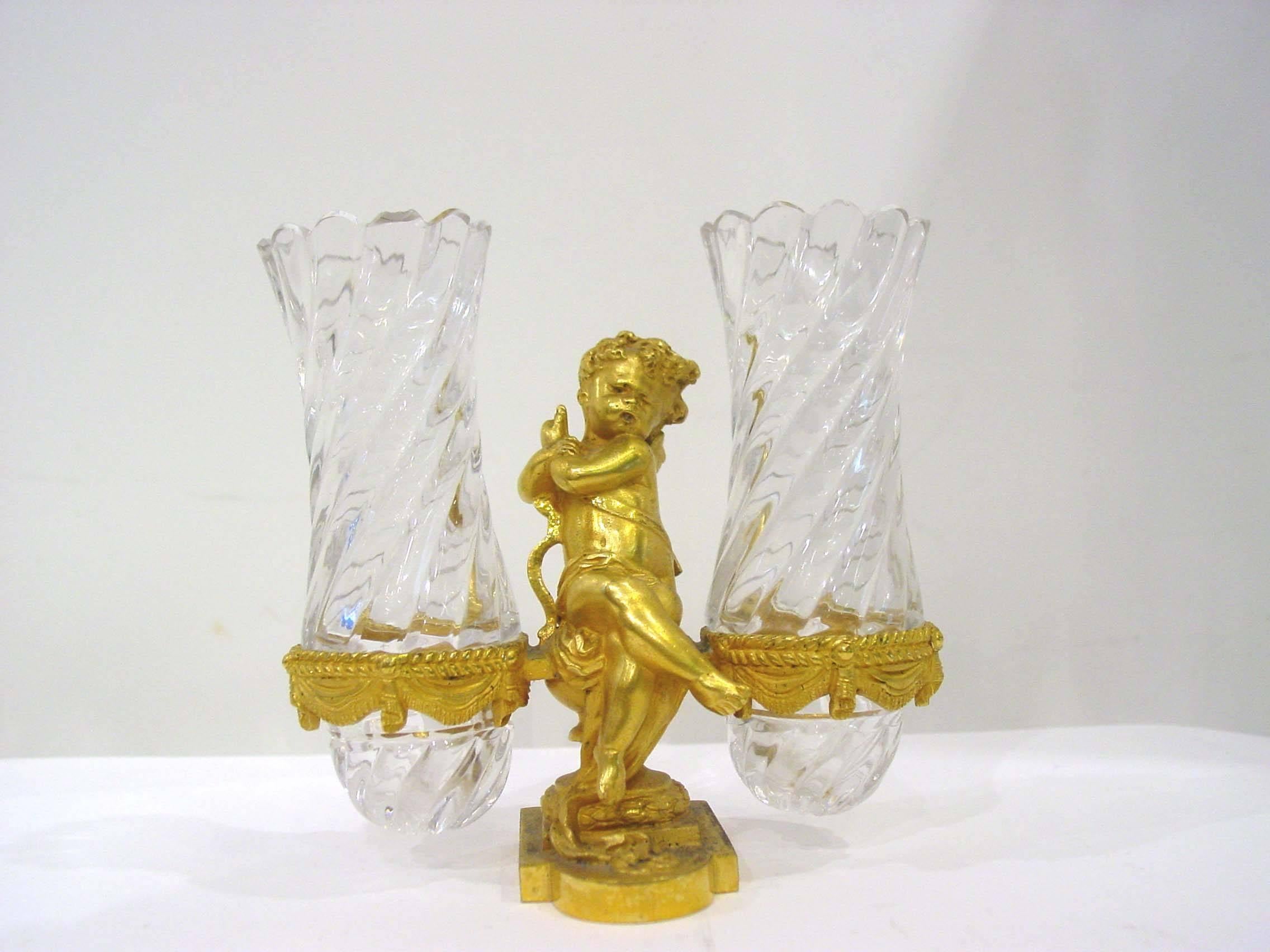 French Maison Baccarat Gilt Bronze and Crystal Salt Cellars and Vase 19th Century