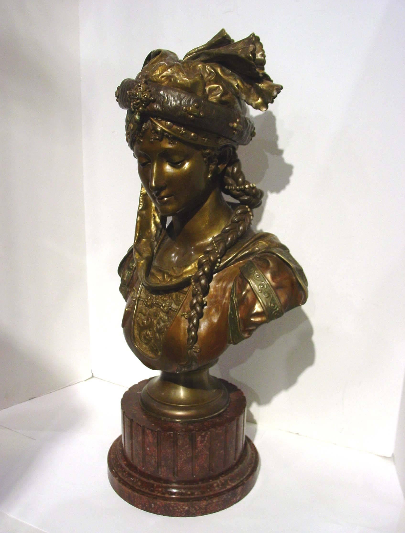 After Eugene Robert French Polychromed Bronze Bust 3