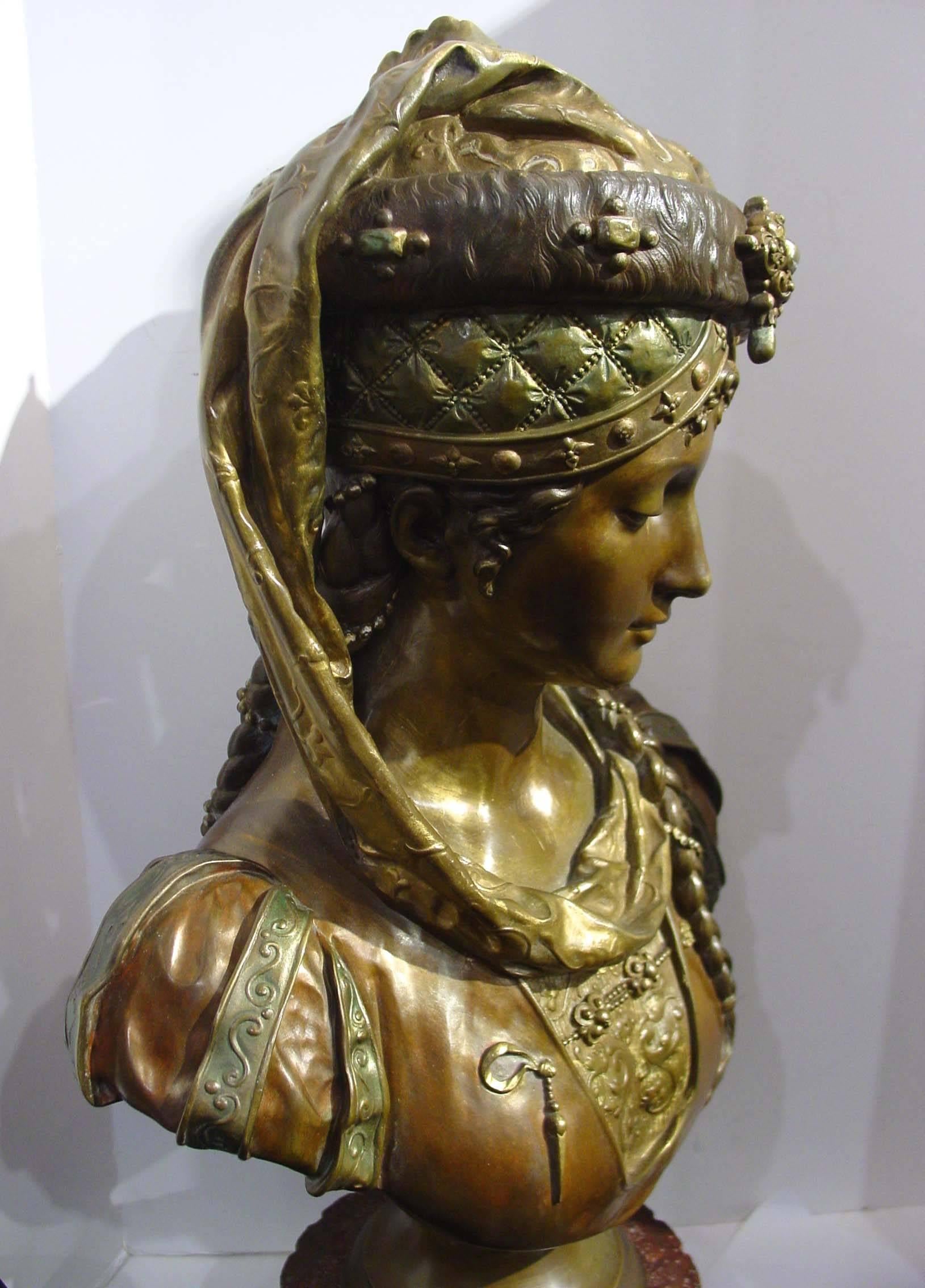 After Eugene Robert French Polychromed Bronze Bust In Good Condition In New York, NY