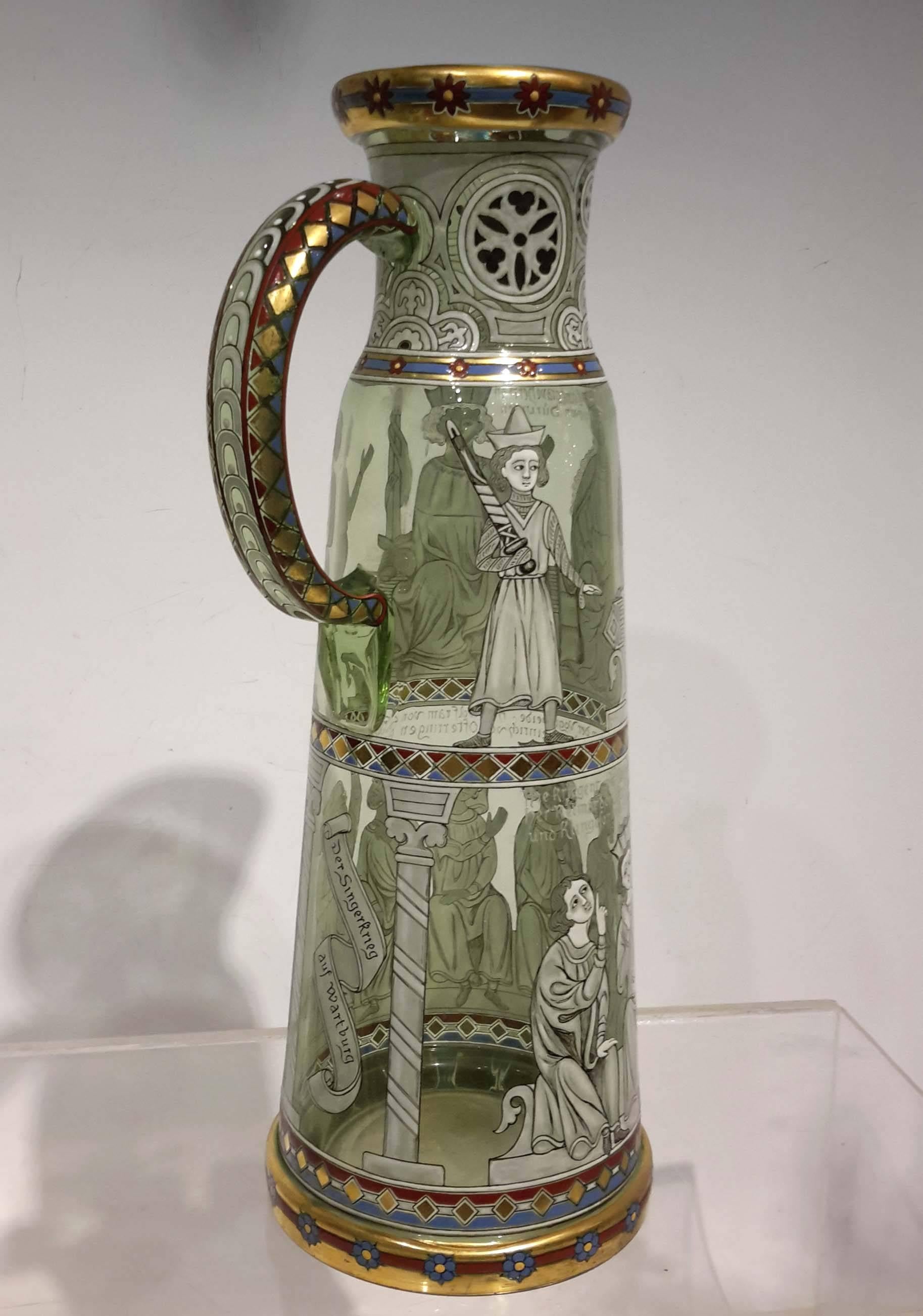 These are extremely rare enameled glass work of art by Lobmeyr. Plaese look at the photos. And don't hesitate to ask us to send you more photos. 
Measurements: Ewer, 13.25" high, 4.75" wide at the bottom.
 Chalice 10" high,