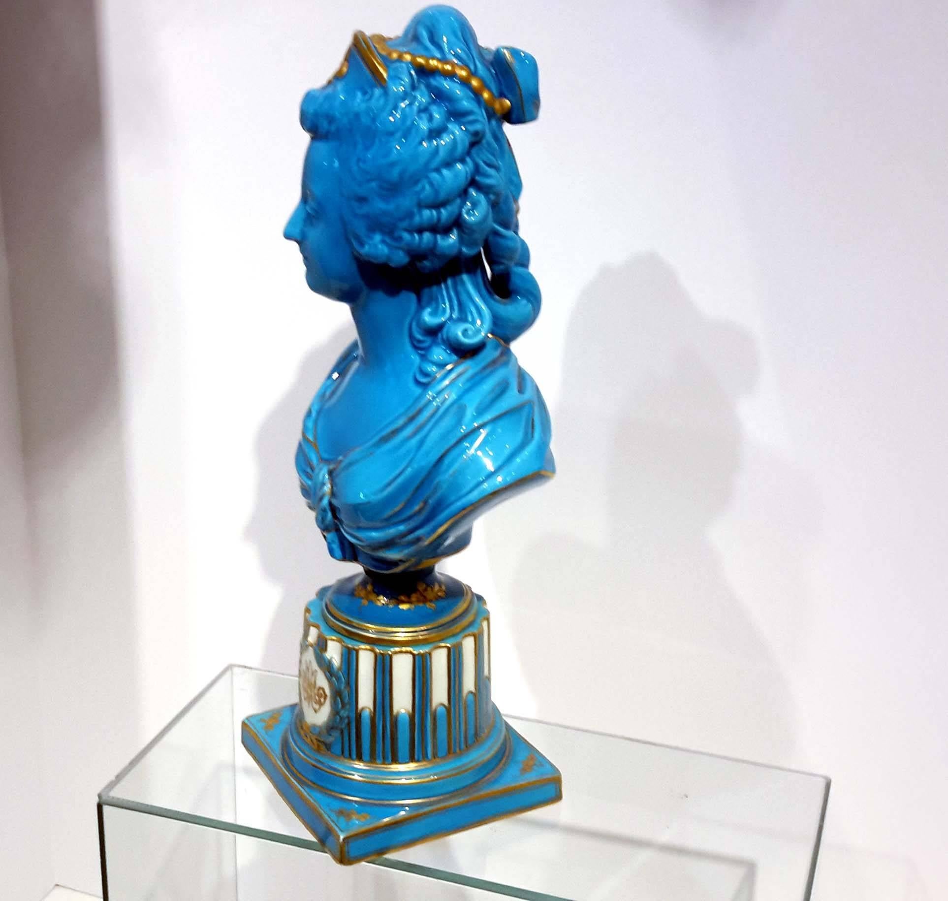 These are a magnificent and highly detailed turquoise glazed busts of Louis XVI and Marie Antoinette are Sevres porcelain, a porcelain factory founded in 1738 at Chateau de Vincennes, France. They have the crossed L Sevres mark of 18th century under