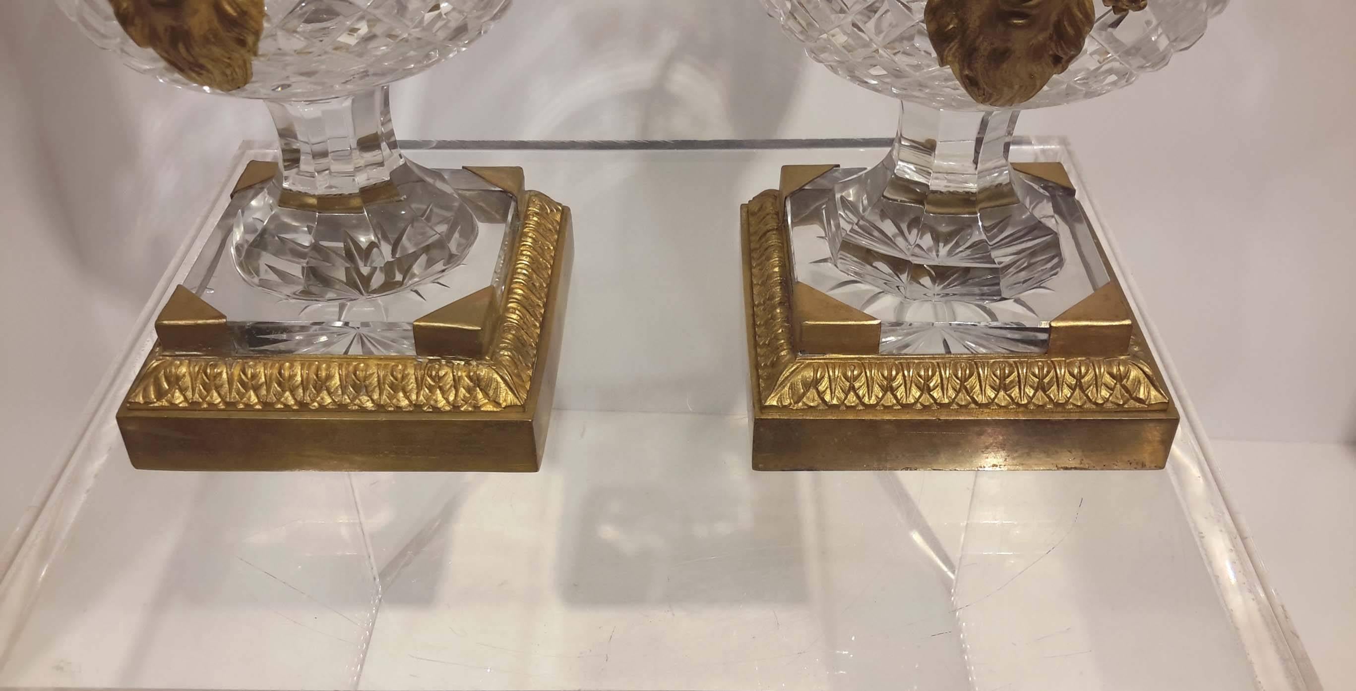 20th Century Pair of Ormolu Mounted Cut Crystal Campagna Urn Vases, circa 1900