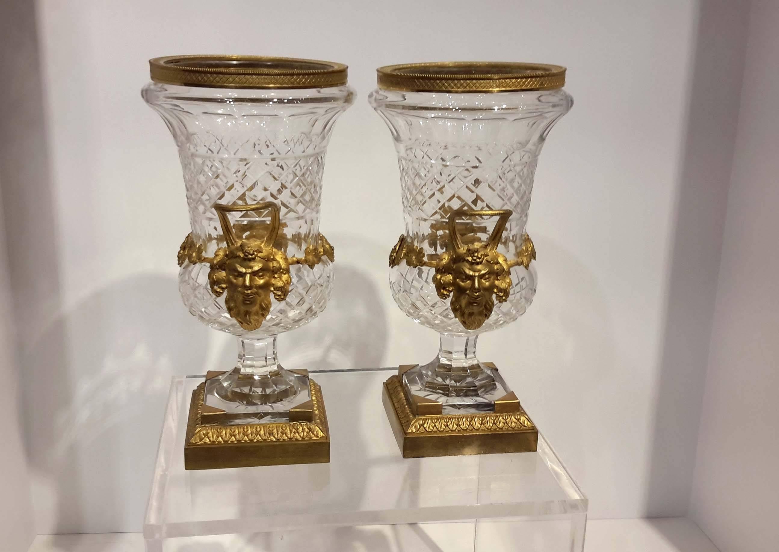 French Pair of Ormolu Mounted Cut Crystal Campagna Urn Vases, circa 1900