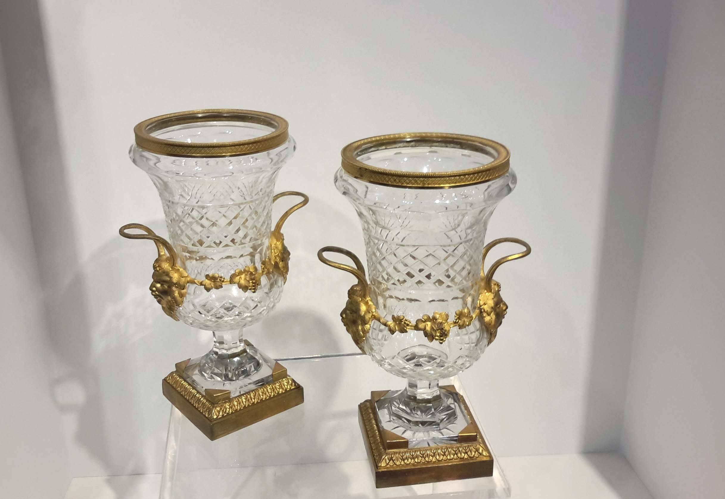 Neoclassical Pair of Ormolu Mounted Cut Crystal Campagna Urn Vases, circa 1900