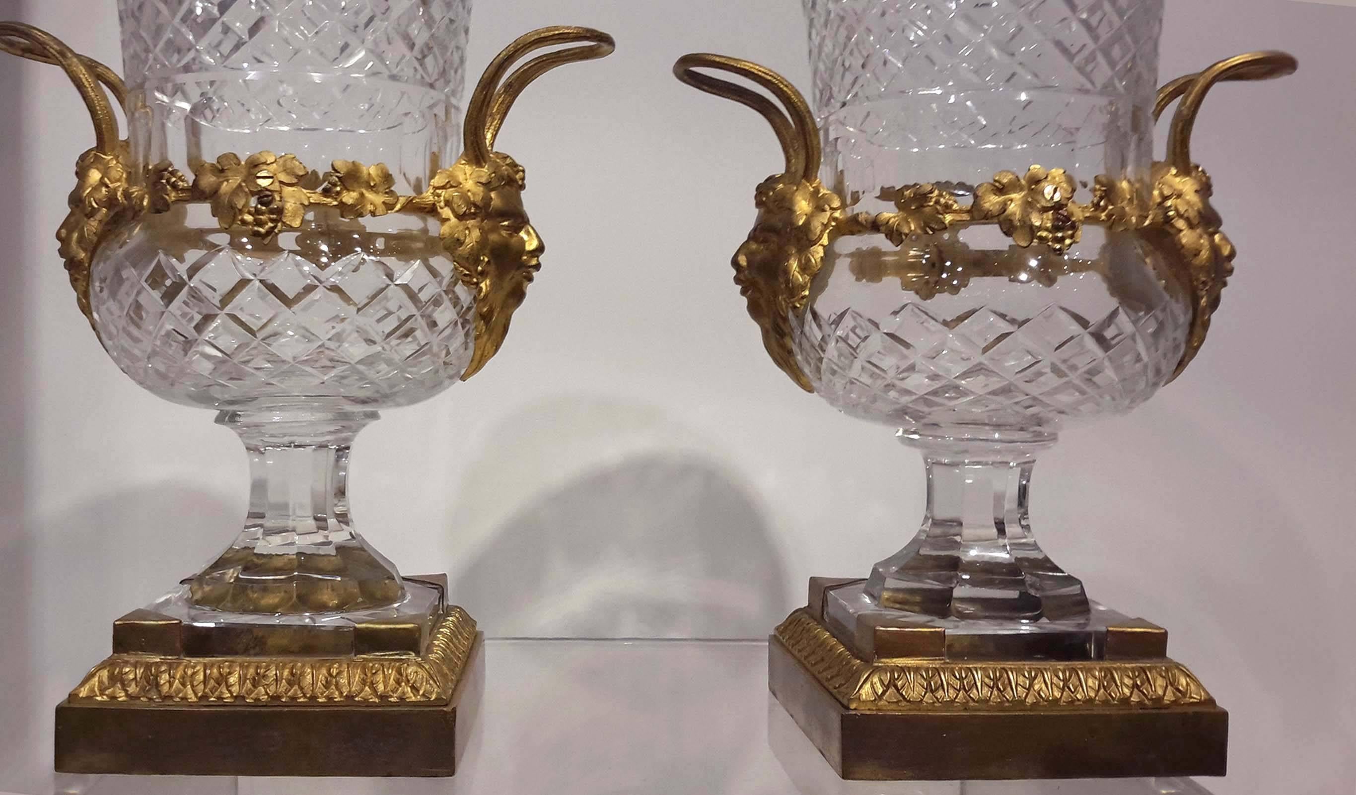 Carved Pair of Ormolu Mounted Cut Crystal Campagna Urn Vases, circa 1900
