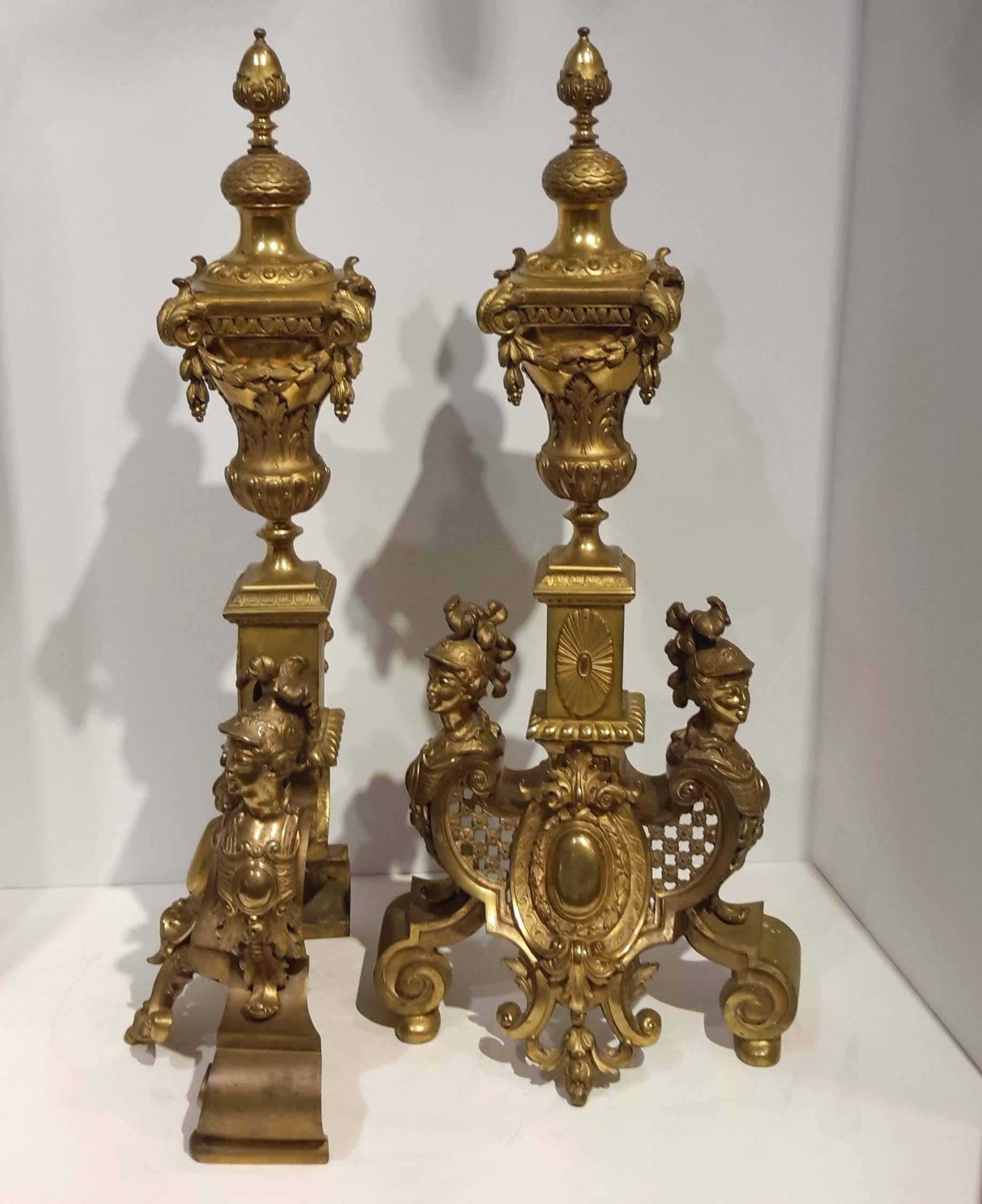 French Pair of Louis XIV Style Gilt Bronze Fireplace Chenets, 19th Century