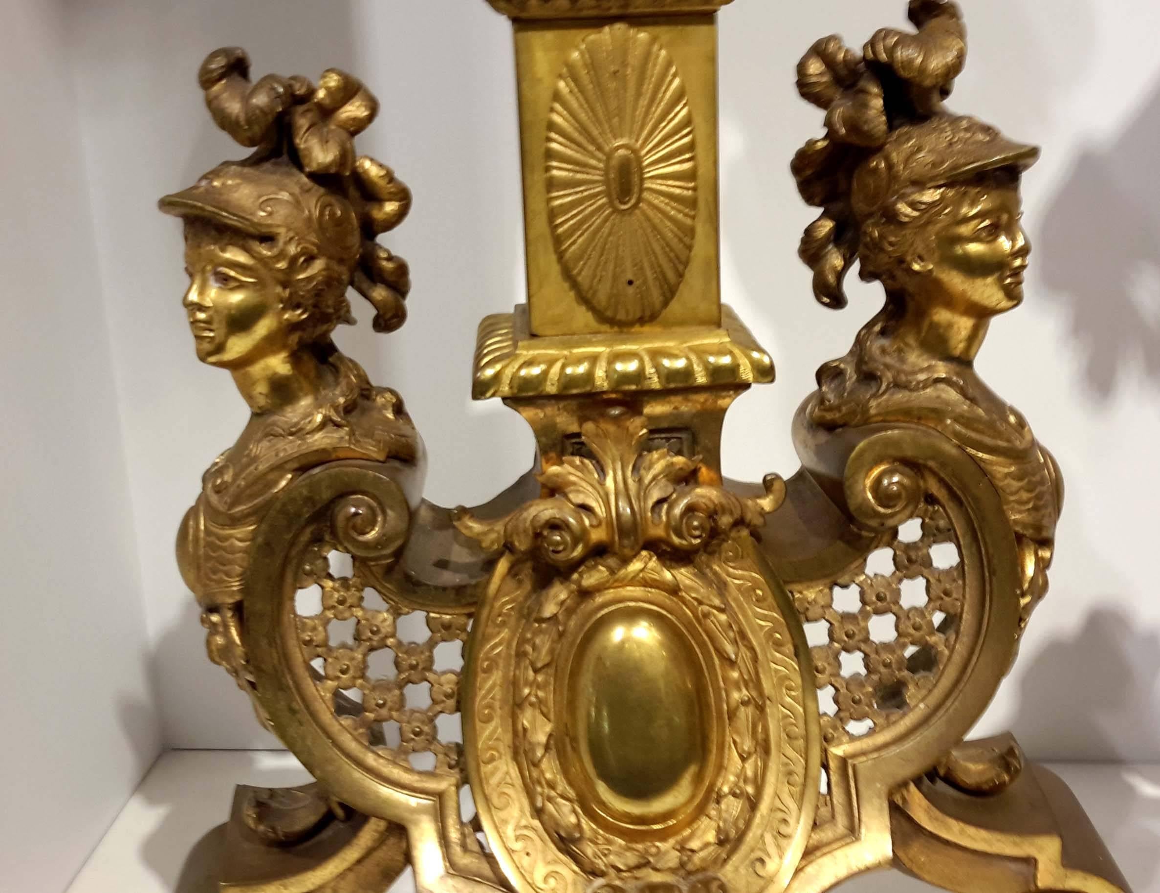 Pair of Louis XIV Style Gilt Bronze Fireplace Chenets, 19th Century 2