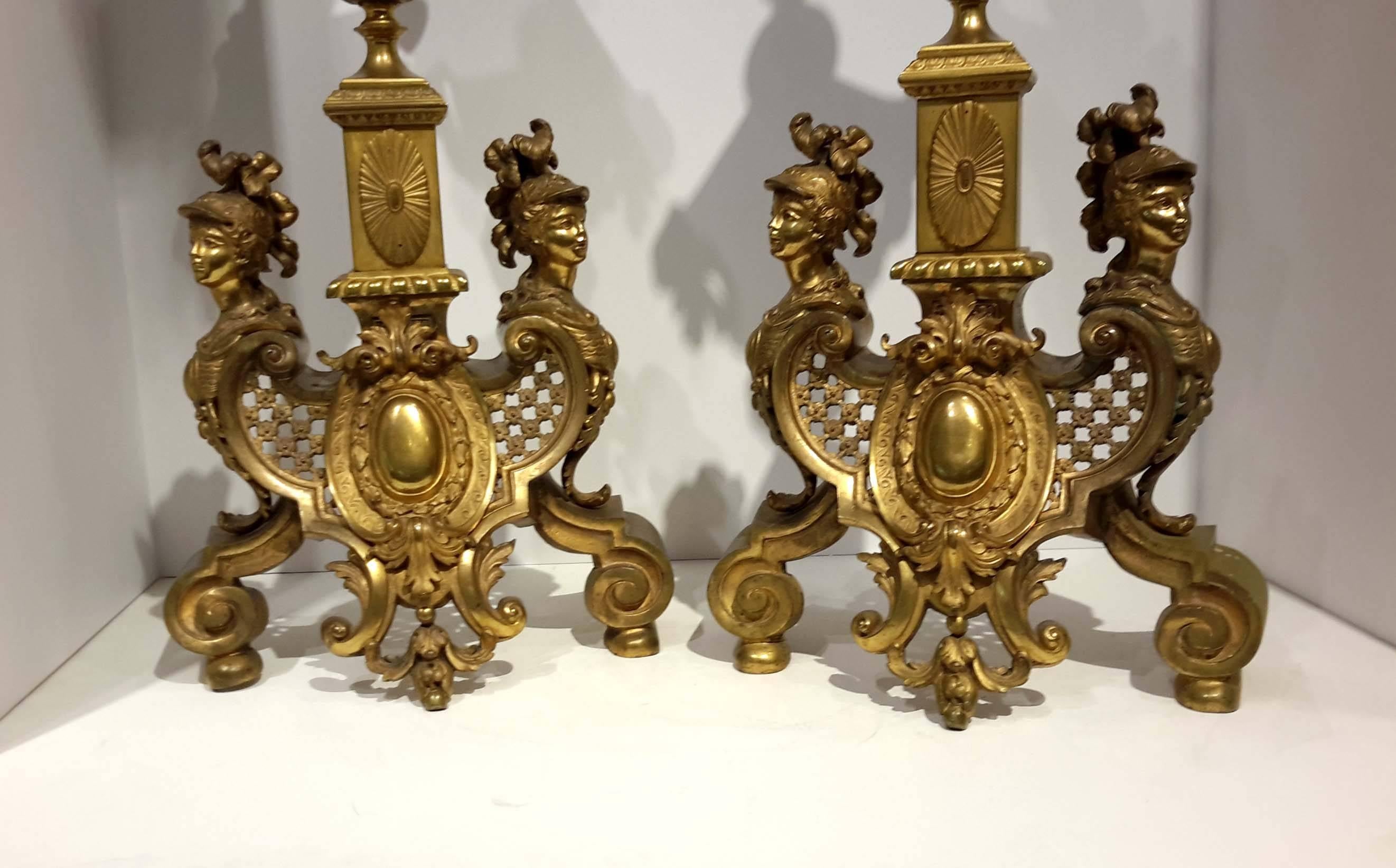 Pair of Louis XIV Style Gilt Bronze Fireplace Chenets, 19th Century In Good Condition In New York, NY