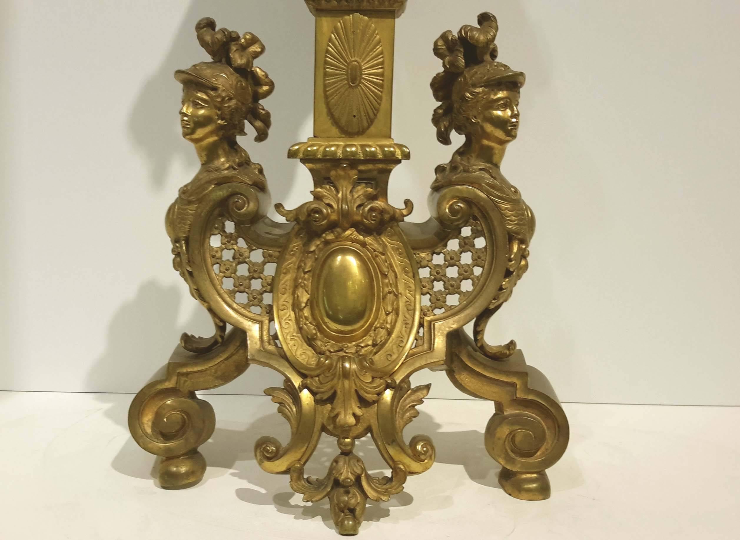 Pair of figural cast and gilt bronze 19th century French chenets/andirons.
Minor ware to gilding, otherwise in good condition.