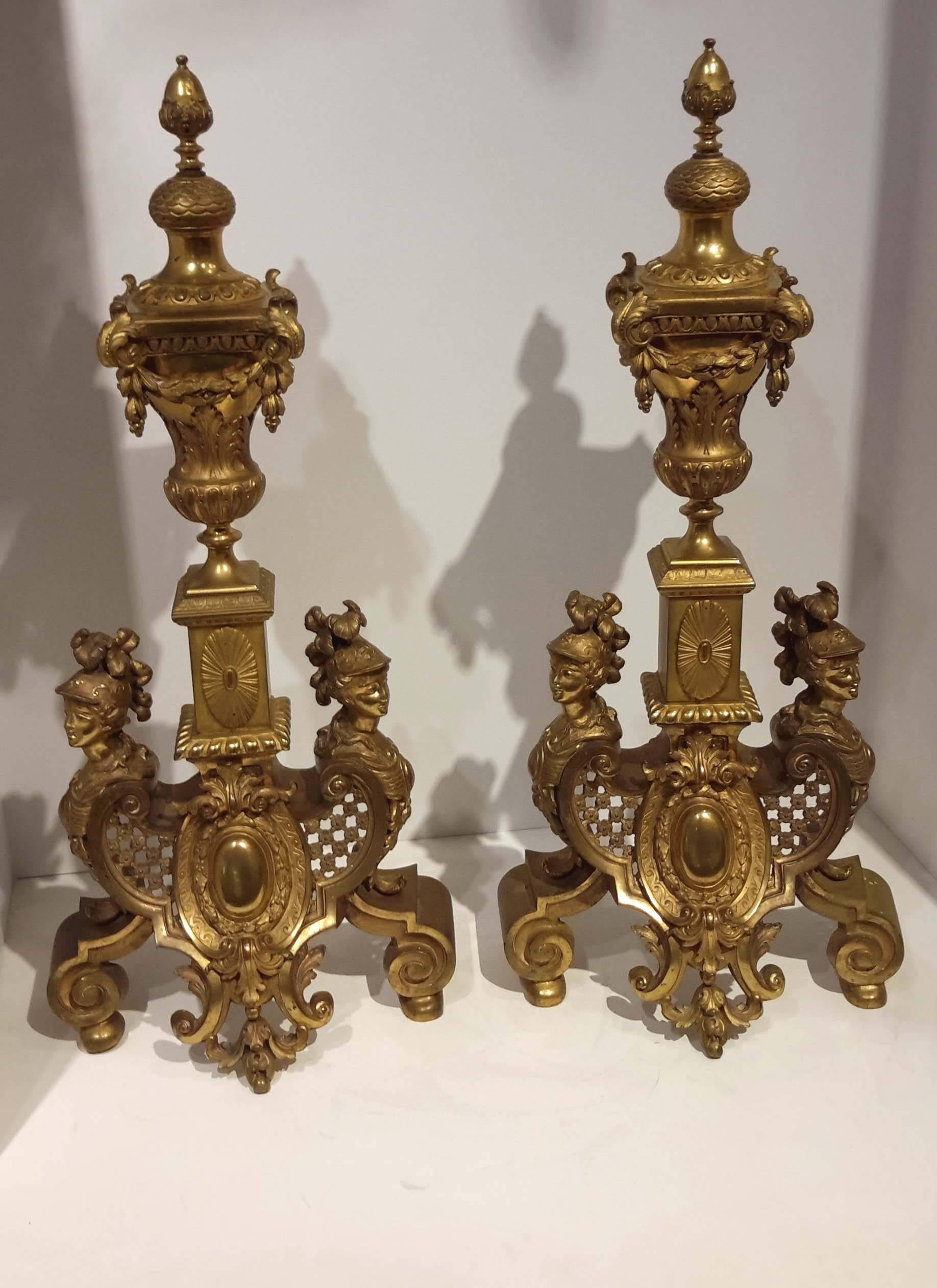Pair of Louis XIV Style Gilt Bronze Fireplace Chenets, 19th Century 3