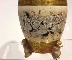 Magnificent Satsuma Earthenware Vase with Cranes and Monkeys, Meiji Period