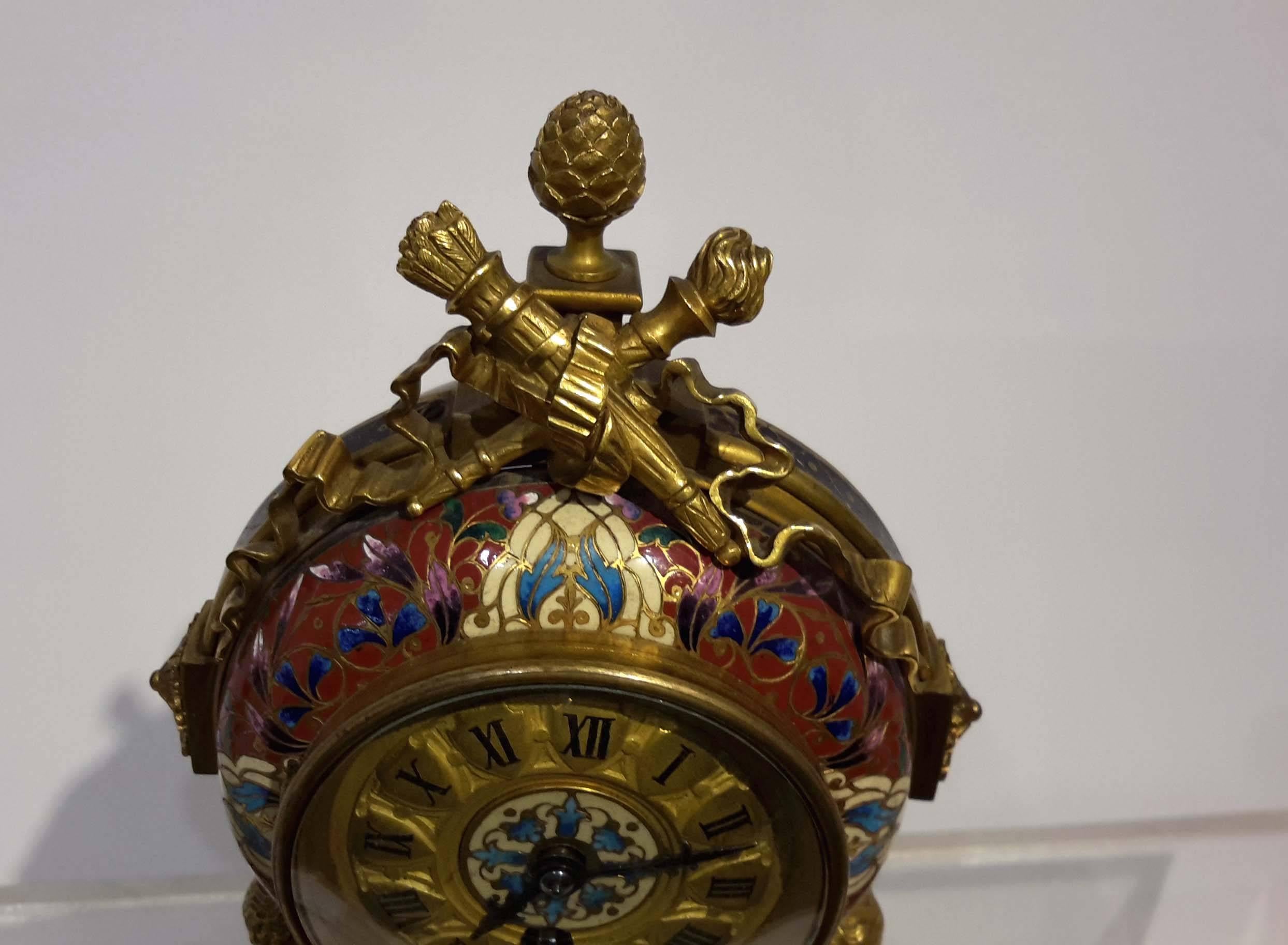 19th Century Three-Piece Champleve and Gilt Bronze French Figural Clock Garniture 