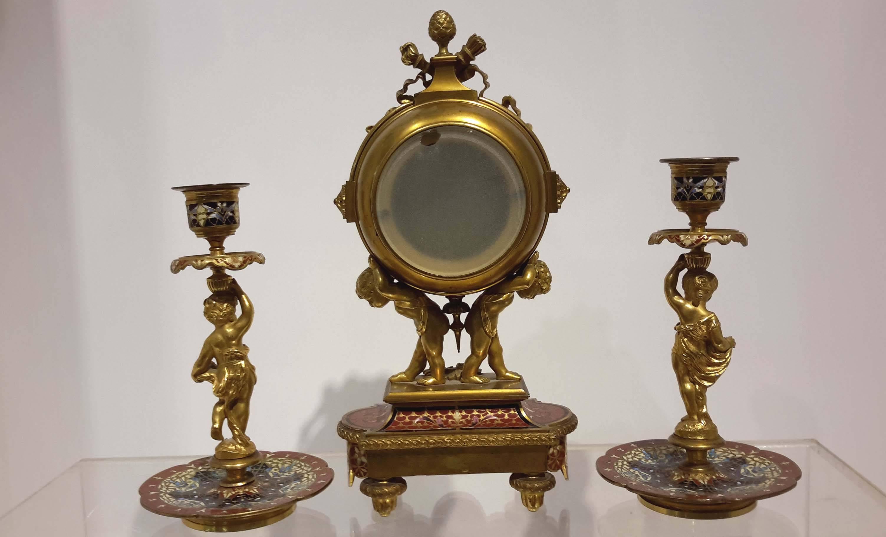 Champlevé Three-Piece Champleve and Gilt Bronze French Figural Clock Garniture 
