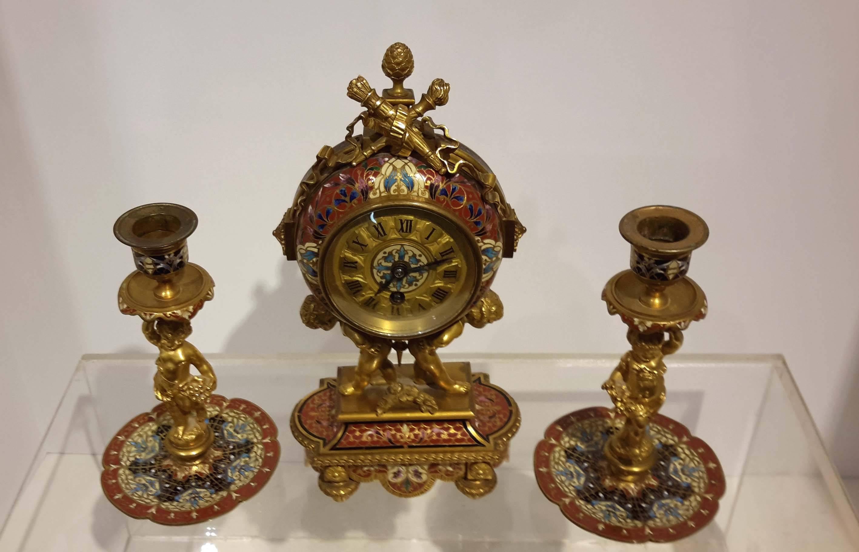 Three-Piece Champleve and Gilt Bronze French Figural Clock Garniture  4