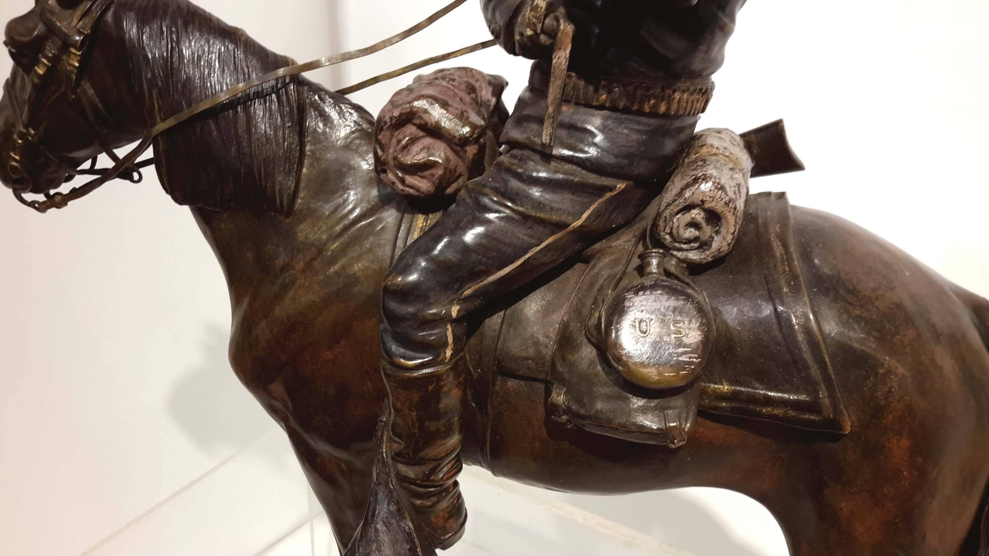 Colonial Revival Carl Kauba, Poly-Chromed Bronze U.S. Soldier on Horse, circa 1900