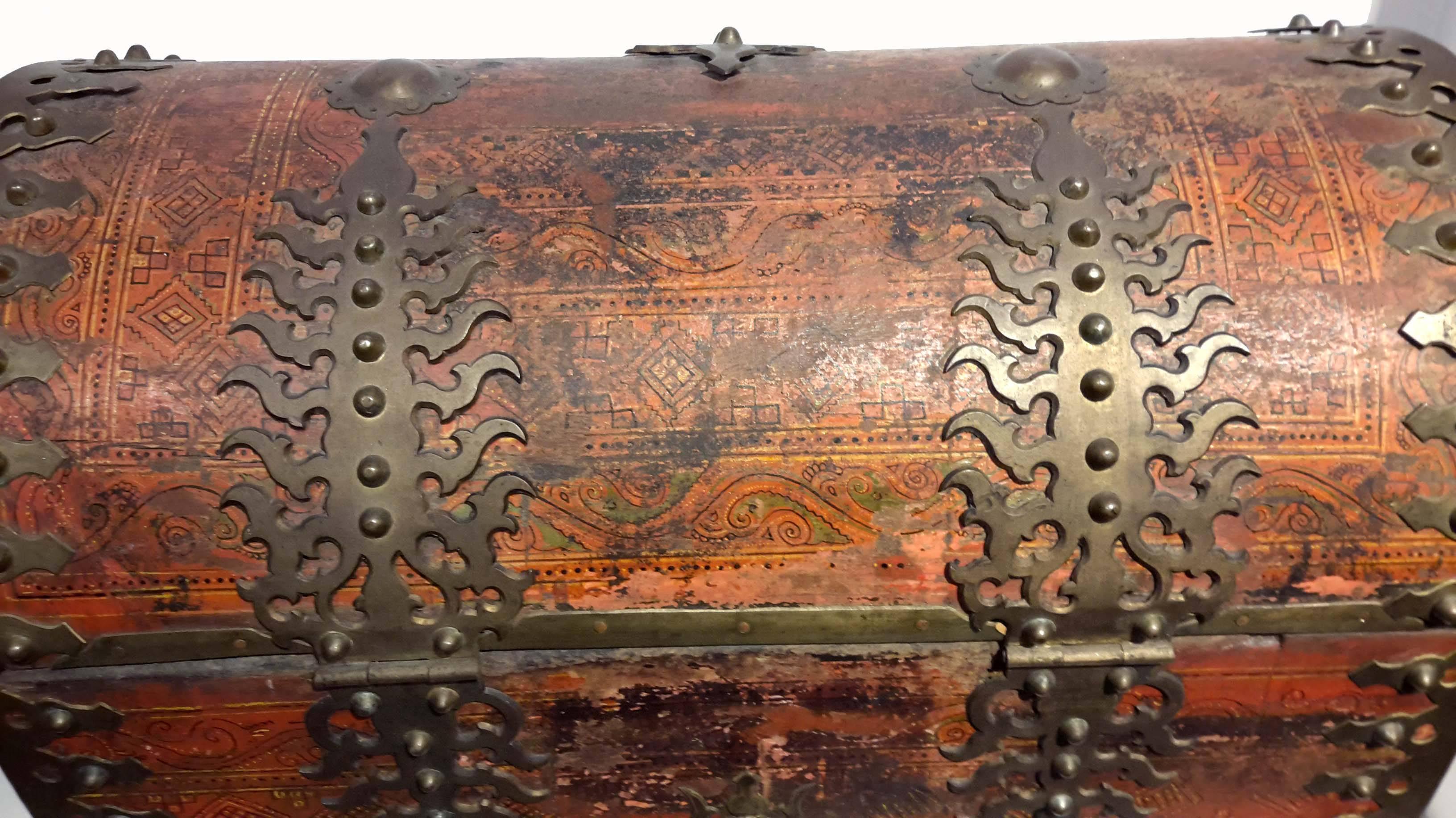 Painted Large Anglo Indian Malabar Treasure Chest, Brass Fittings circa 19th Century