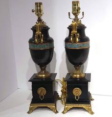 Pair of Champlevé and Marble Urn Lamps Attributed to Barbedienne 19th Century