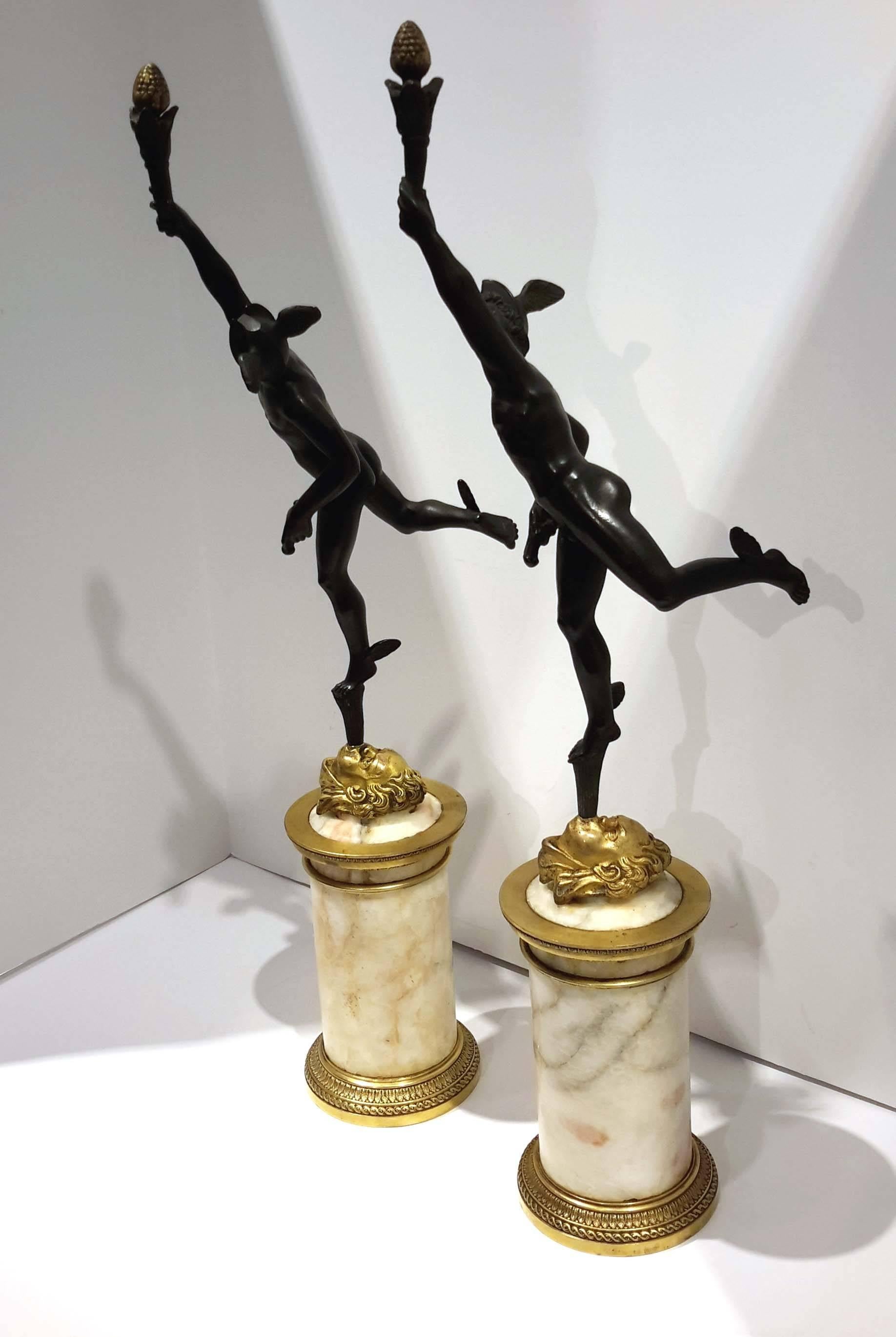 Empire Pair of Italian Bronze Figural Candleholders on Blue John Bases, circa 1820