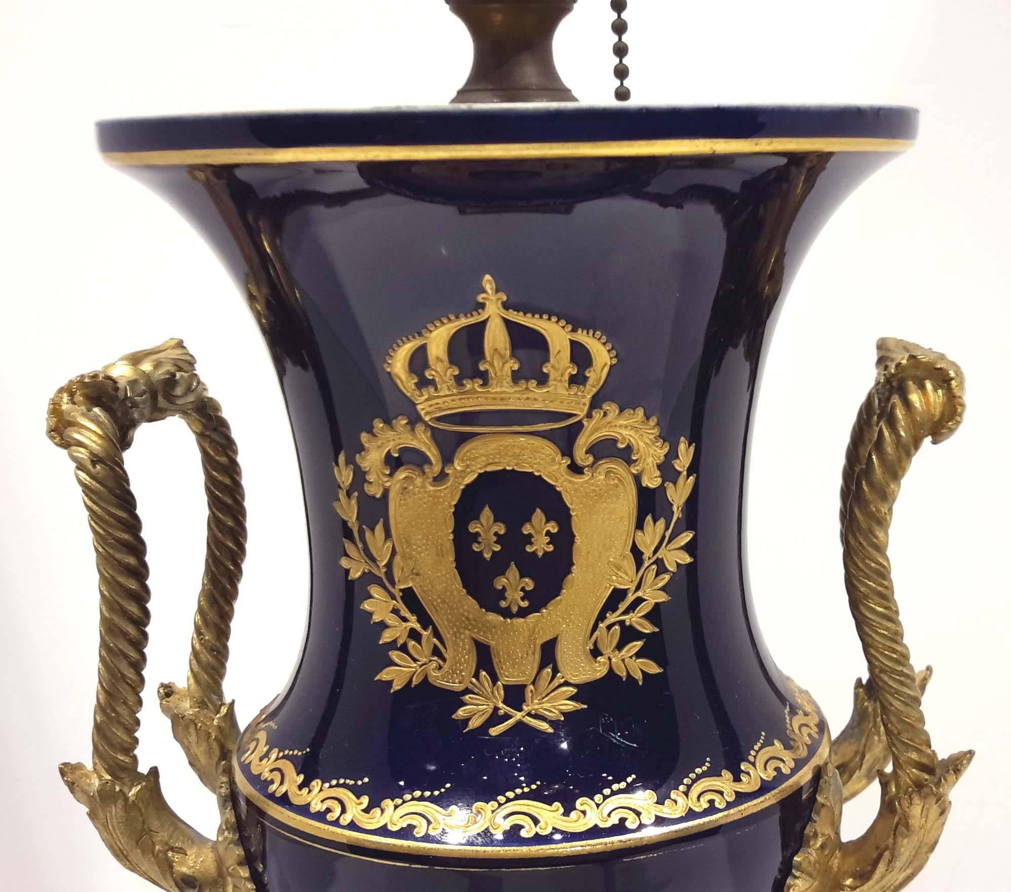 Louis XVI Style Sevres Ormolu-Mounted Cobalt Blue Porcelain Urn Lamp In Good Condition In New York, NY
