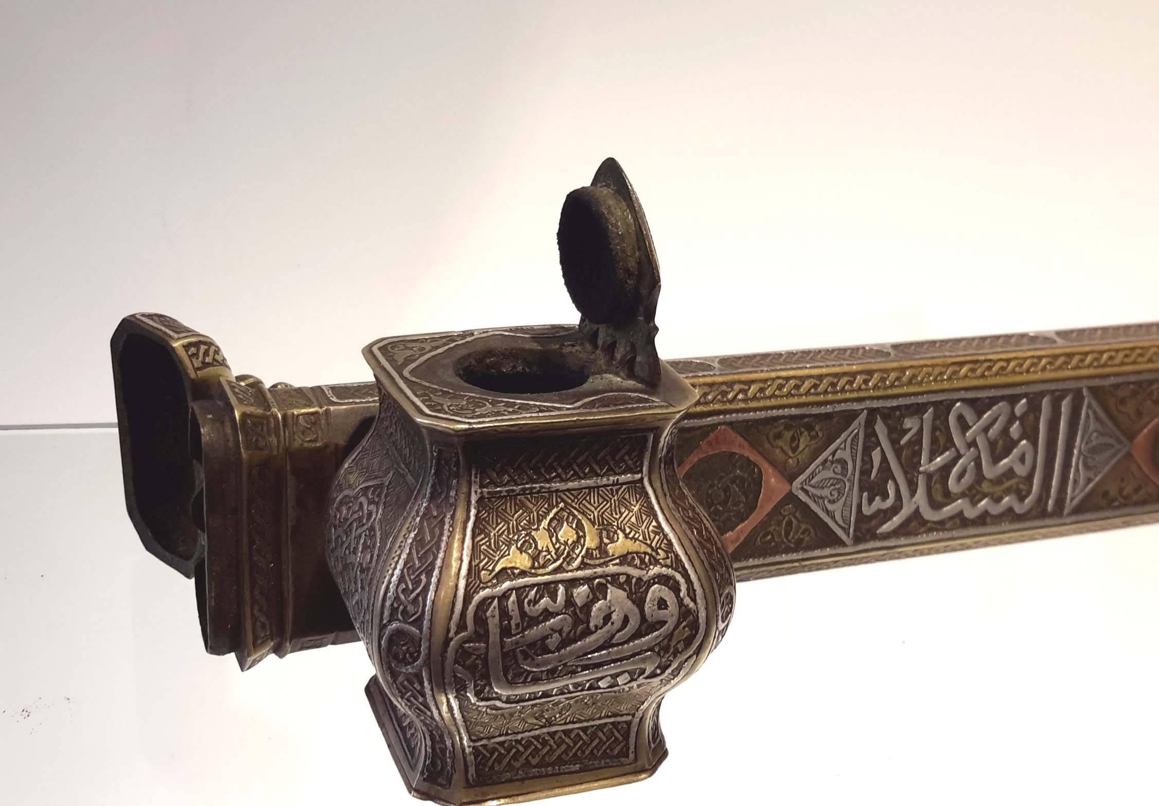 Large Damascus Islamic Silver Inlaid Brass Qalamdan Divit, 19th Century In Good Condition In New York, NY