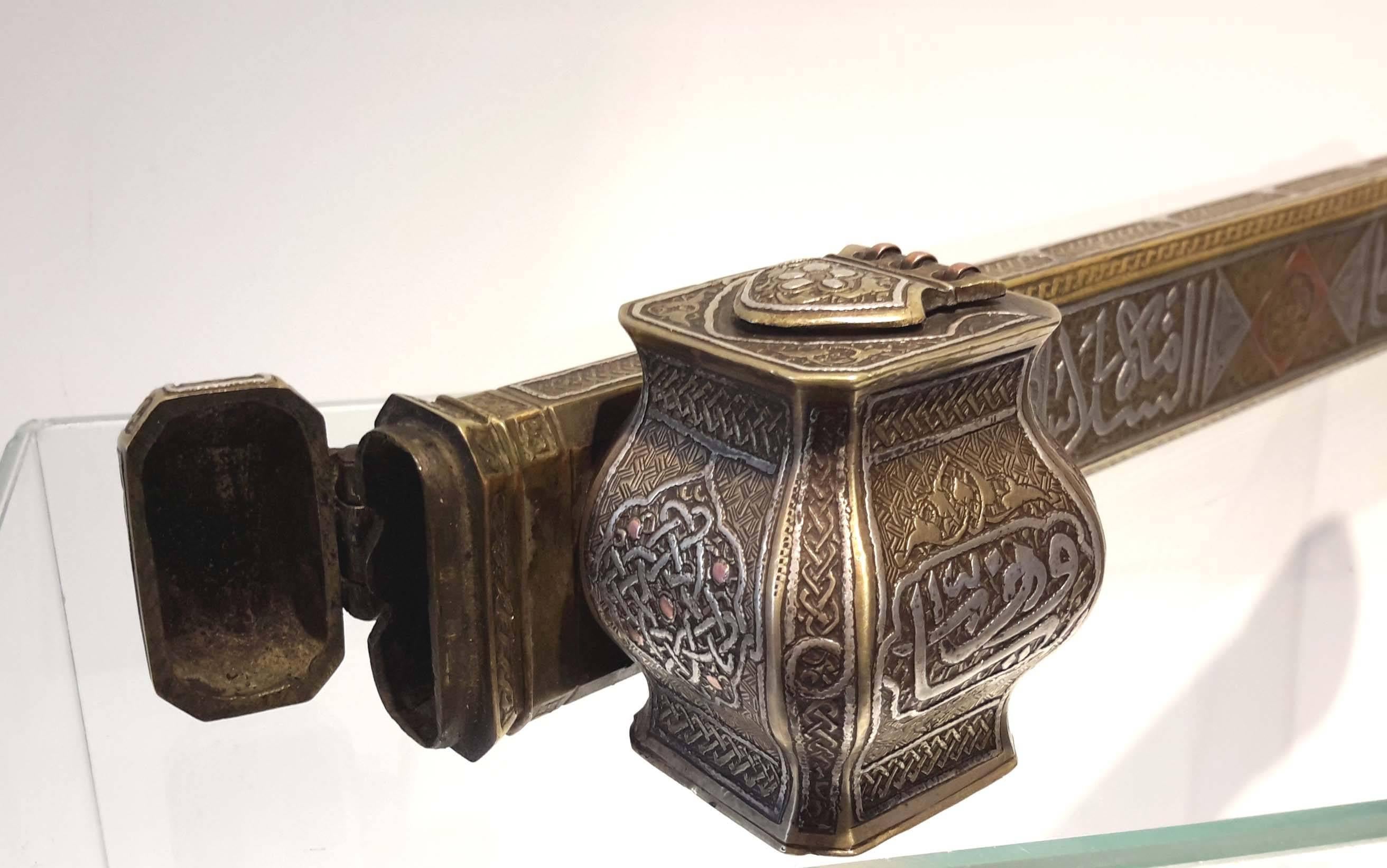 Large Damascus Islamic Silver Inlaid Brass Qalamdan Divit, 19th Century 2